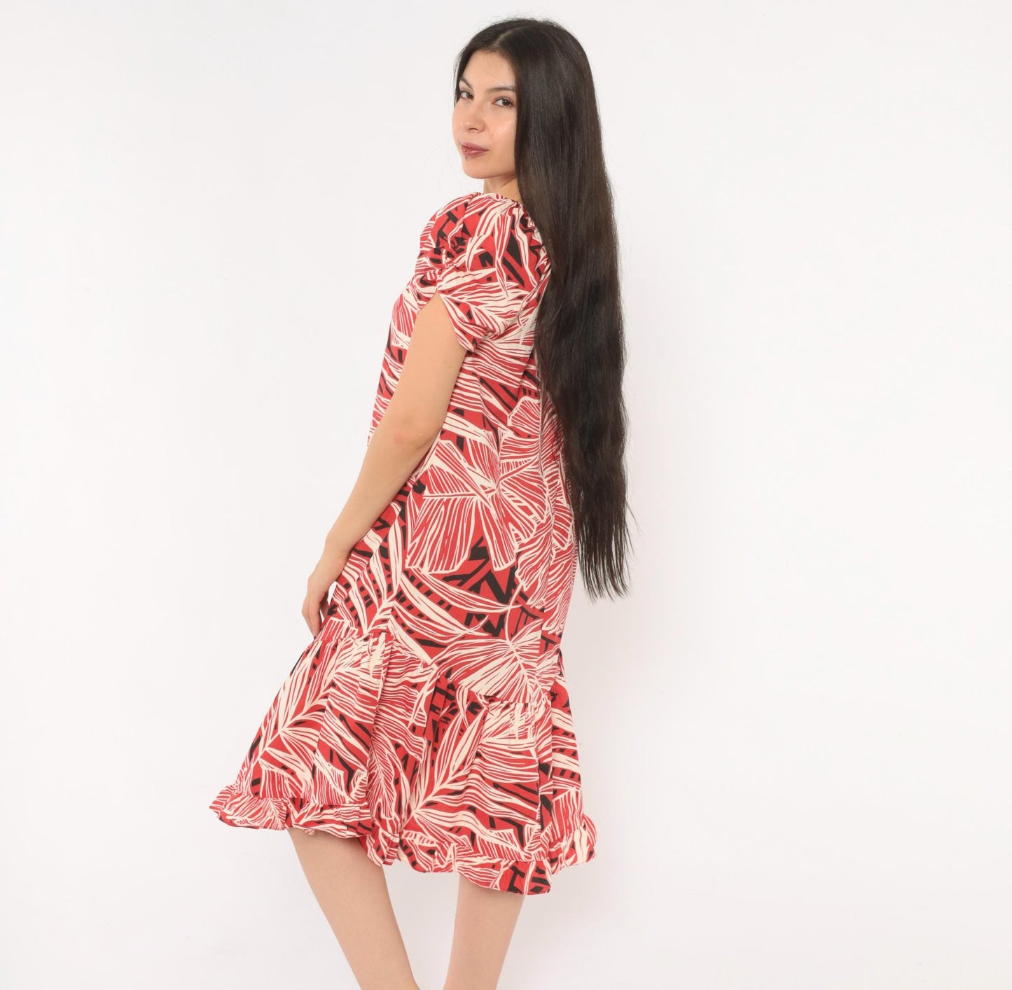 80s Me-Too Tropical Leaf Print Dress Red White Puff Sleeve Knee-Length XS