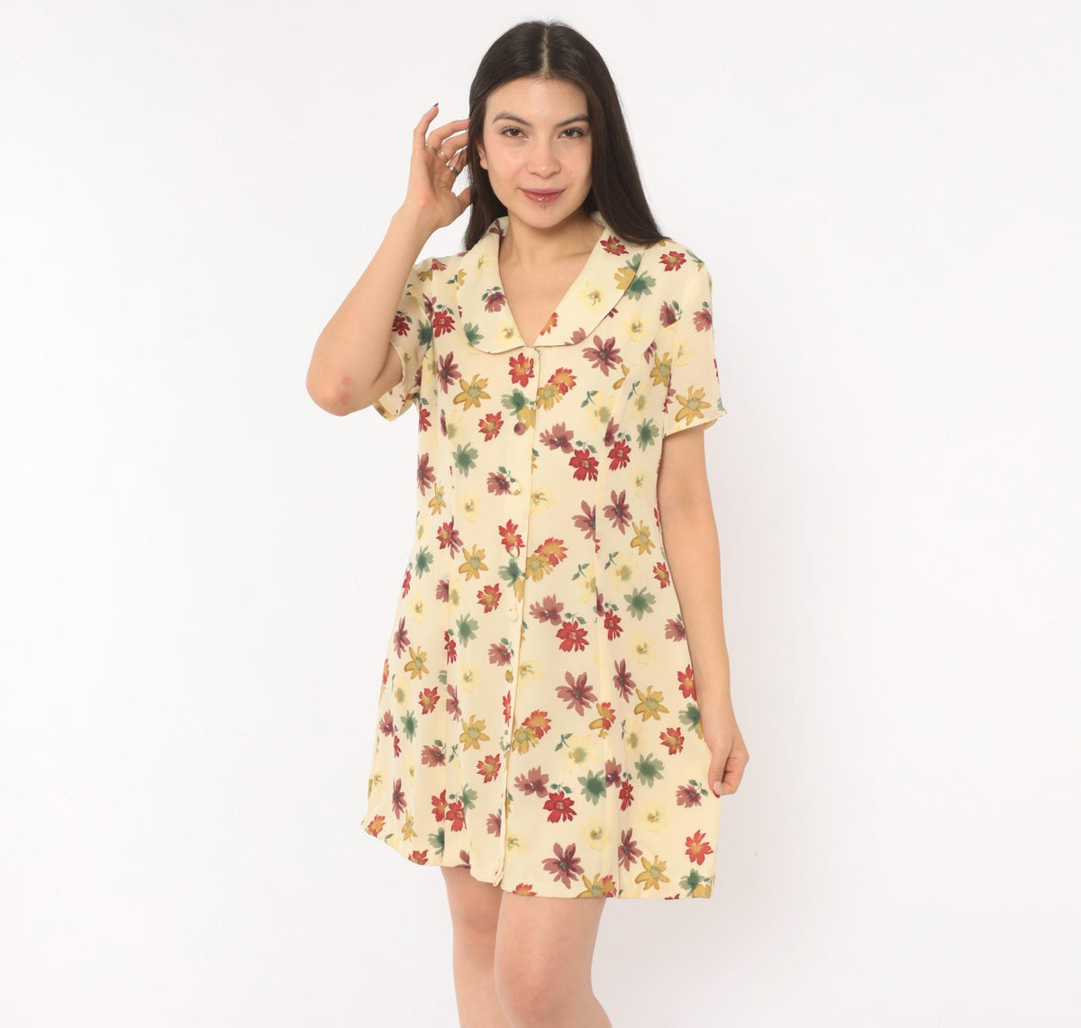 90s Evan-Picone Floral Button Front Mini Dress Cream Daisy Print Medium M