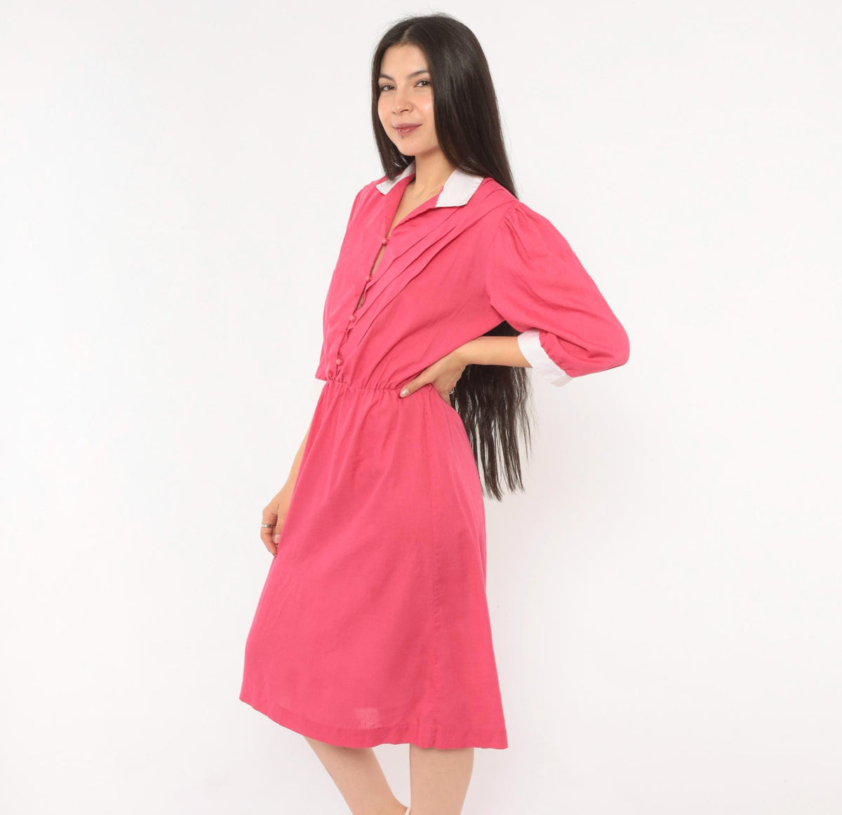 80s Fuchsia Puff Sleeve Shirtdress White Collar Pleated Bodice Pink Buttons Small Medium