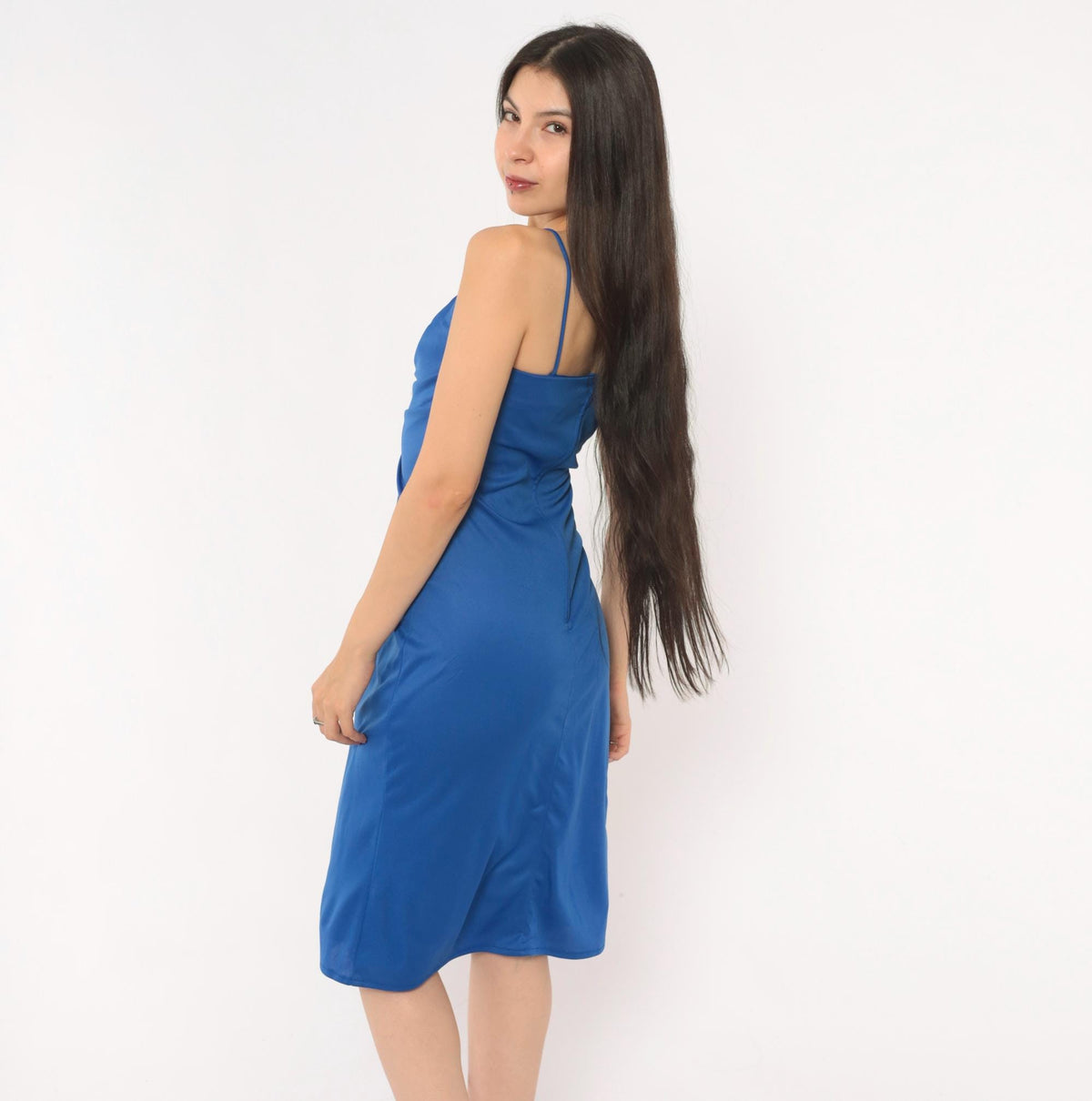 80s Cobalt Blue Sequin Spaghetti Strap Dress Knee Length Beaded Bodice Extra Small XS