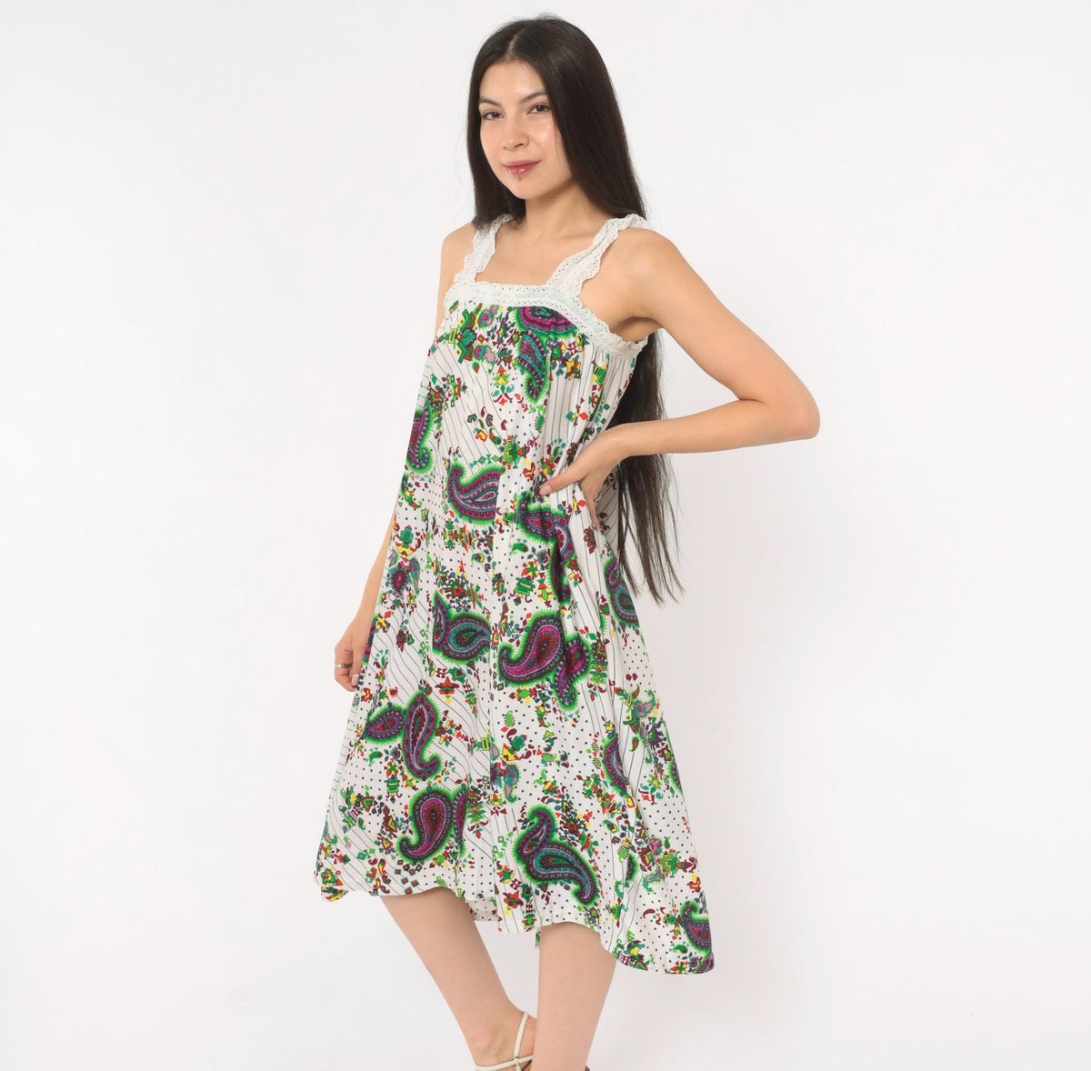 70s Paisley Floral Sundress White Green Purple Eyelet Lace Midi Extra Small