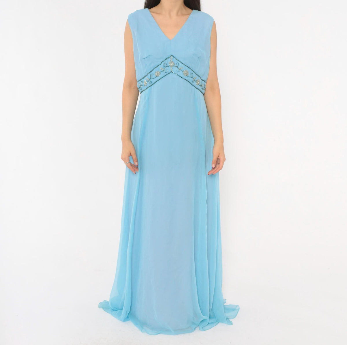 70s Elgin Dress Sky Blue Empire Waist Maxi Gown Beaded V Neck Large L
