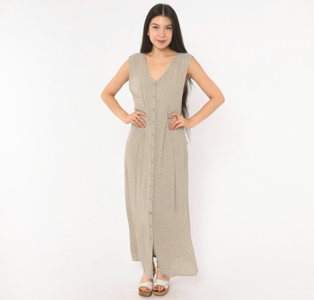 90s Bryn Connelly Ditsy Floral Maxi Dress Grey Cream Button Front Large L