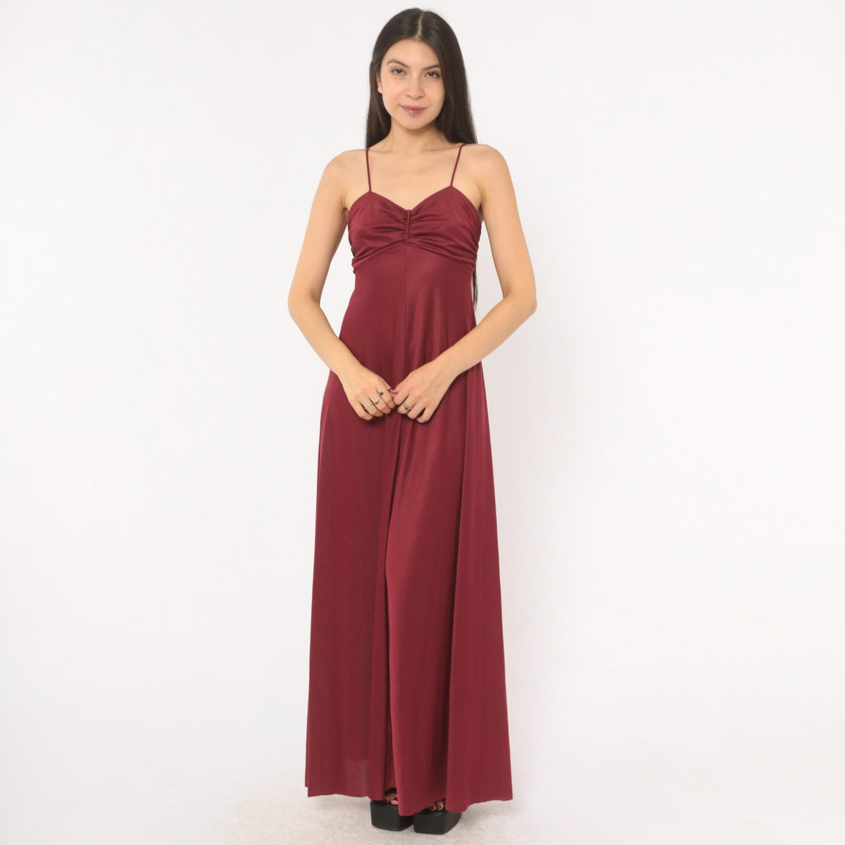 70s Burgundy Maxi Dress Sweetheart Neckline Empire Waist Spaghetti Strap Small