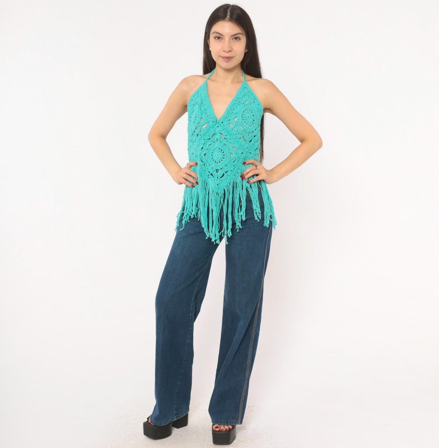 Y2K Teal Crochet Halter Top Granny Square Fringe Cotton Turquoise Small–Large
