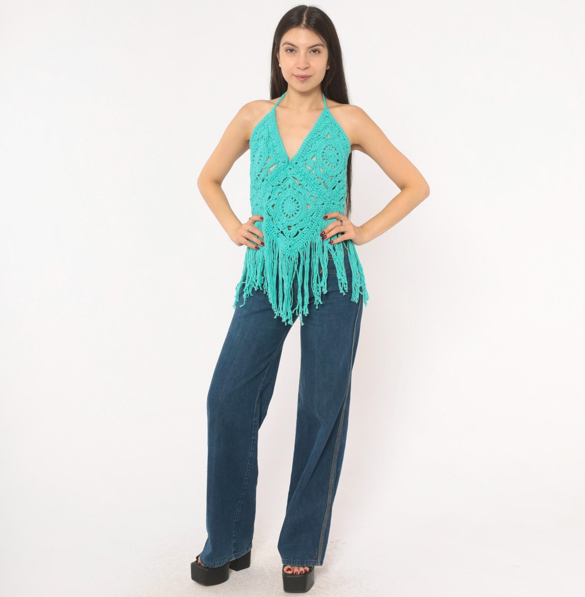 Y2K Teal Crochet Halter Top Granny Square Fringe Cotton Turquoise Small–Large