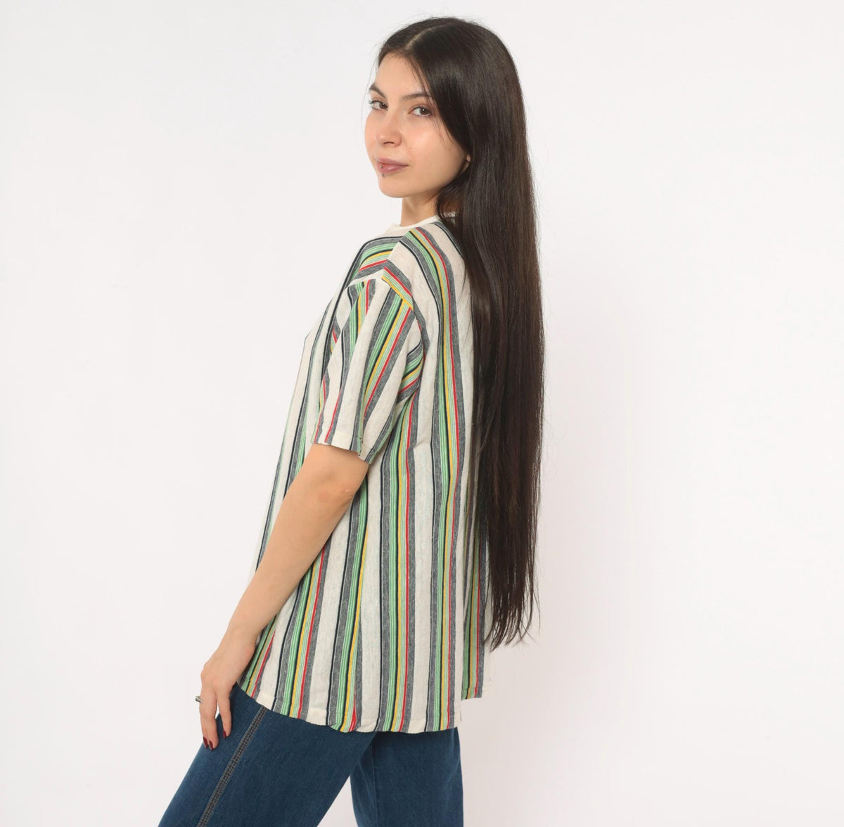 70s Esprit Multicolor Striped Henley Short Sleeve Cotton Shirt Extra Large XL