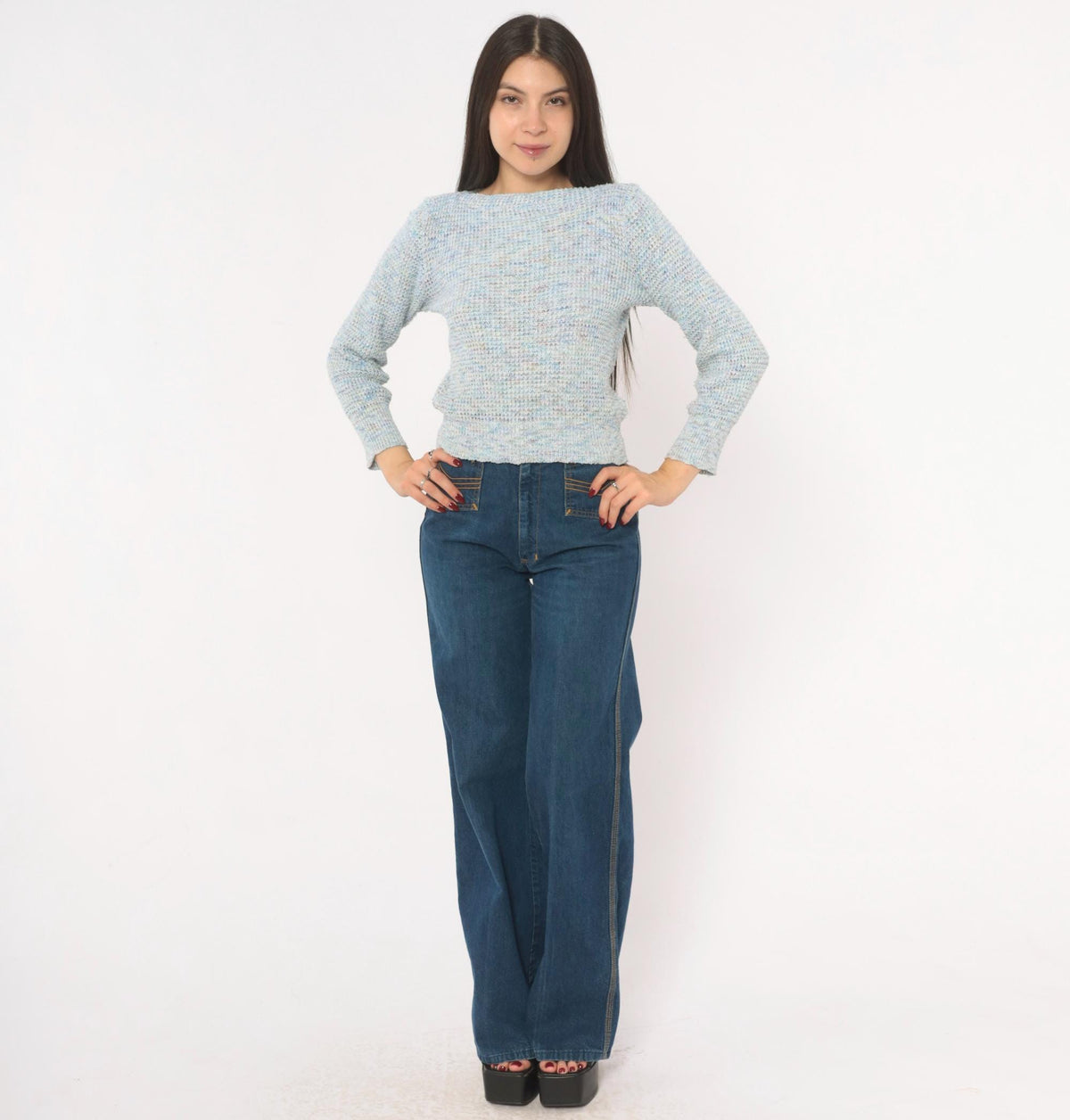 70s Powder Blue Speckled Knit Sweater Boat Neck Cropped Small