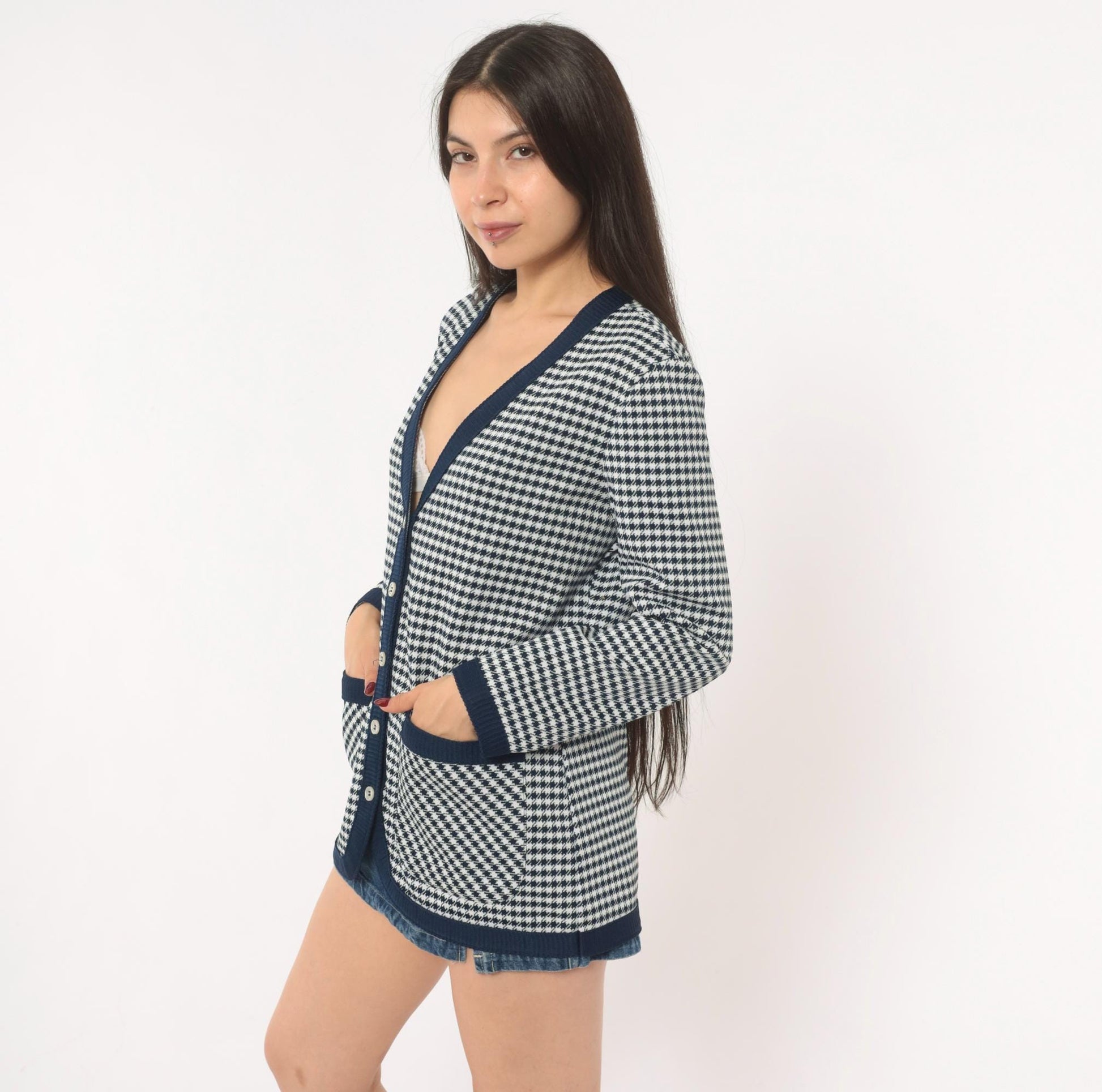 70s Jack Winter Houndstooth Cardigan Navy White Check Knit Medium M
