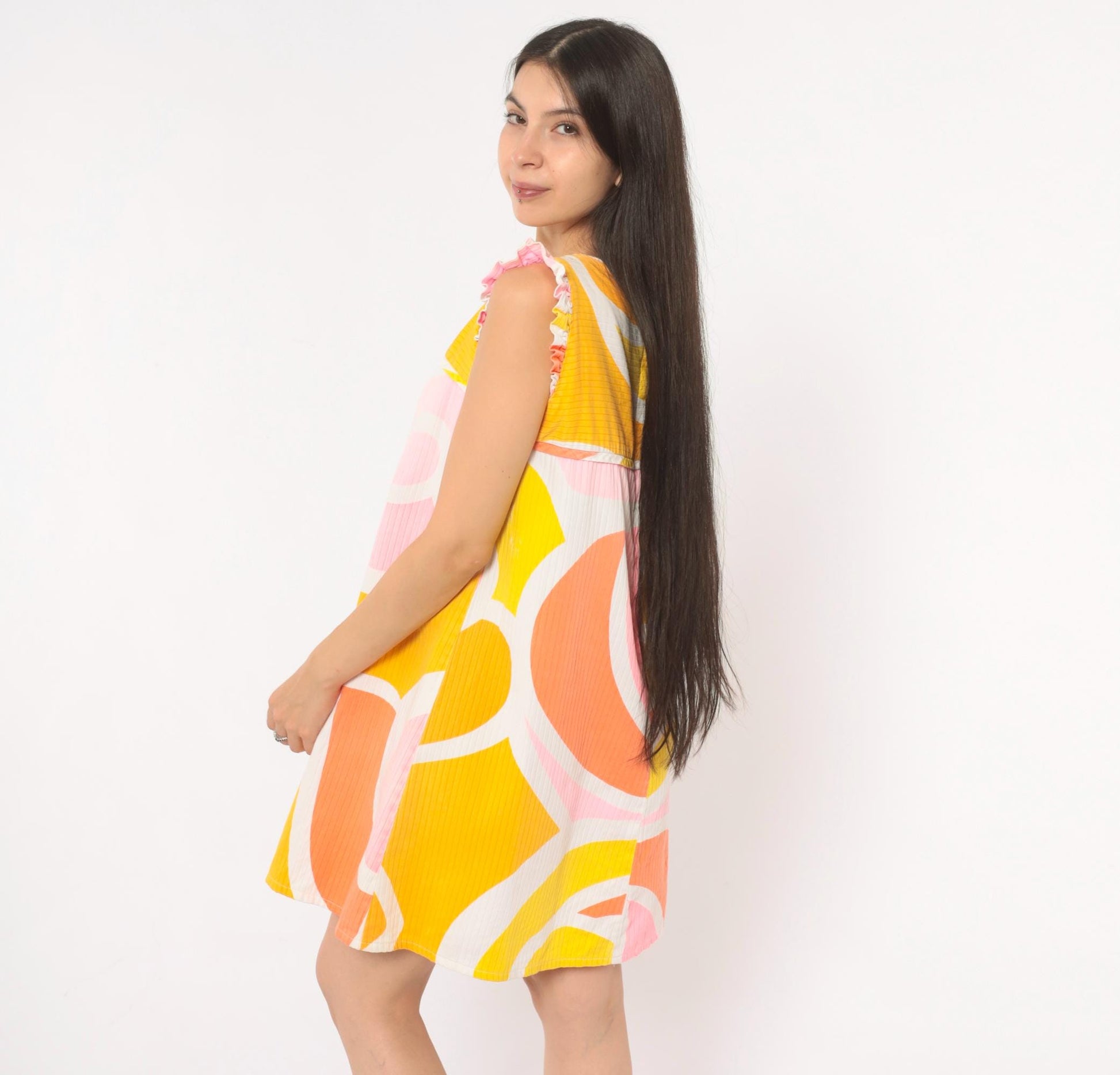 70s Andrade Hawaiian Swirl Mini Dress Yellow Pink Orange Ruffle Cap Sleeve Small
