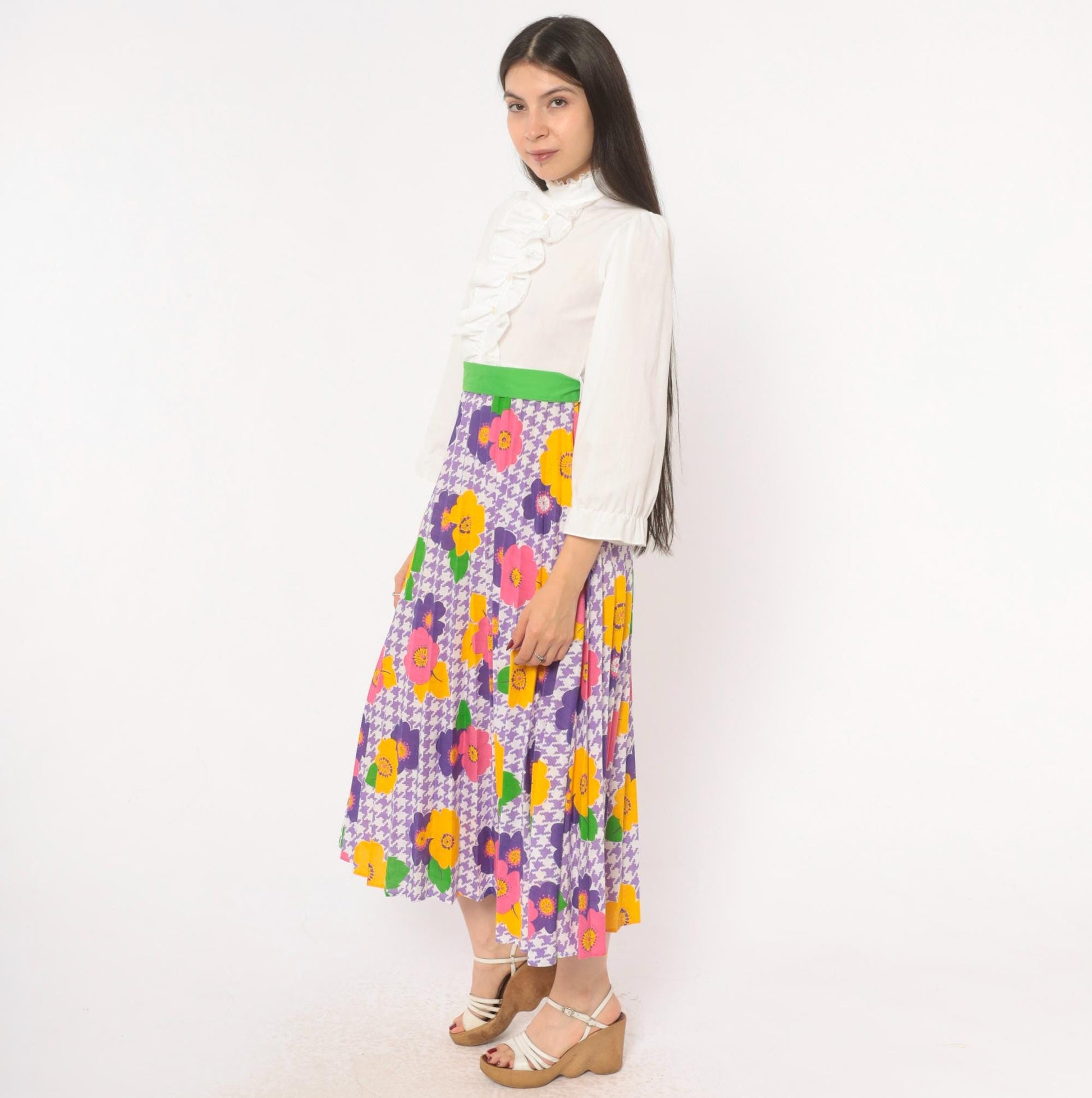 70s Growing Girl Floral Midi Dress Puff Sleeve High Neck White Purple Pink Extra Small XS