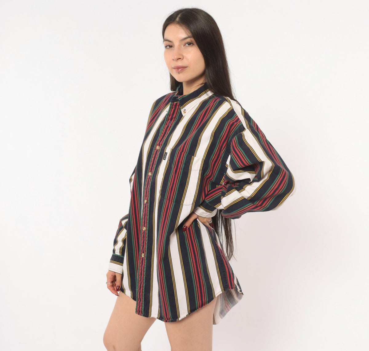 90s Izod Striped Button Down Shirt Navy Burgundy Green Gold Large L