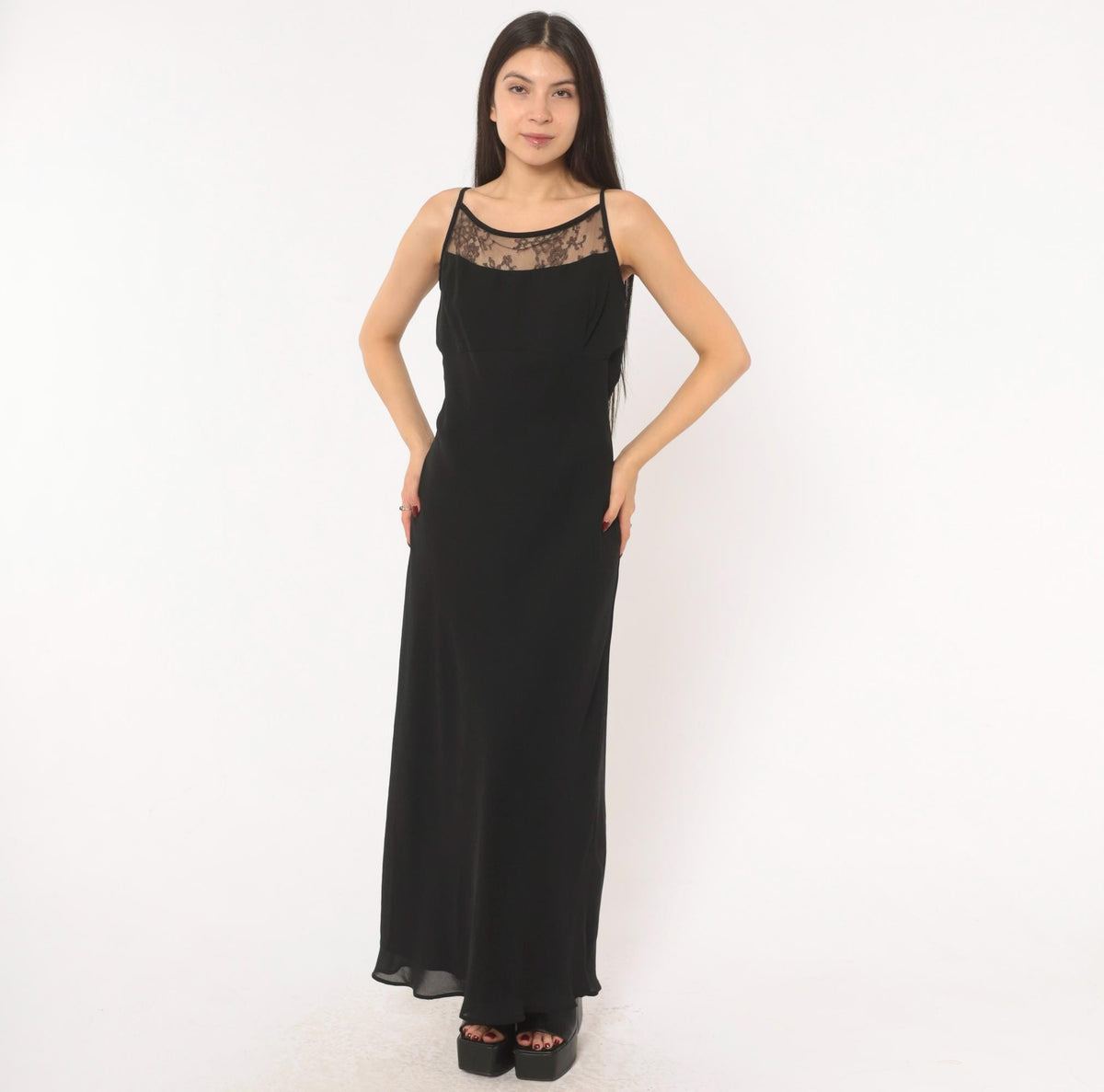 Gunne Sax Black Lace Maxi Slip Dress 90s Spaghetti Strap Low Back Large L