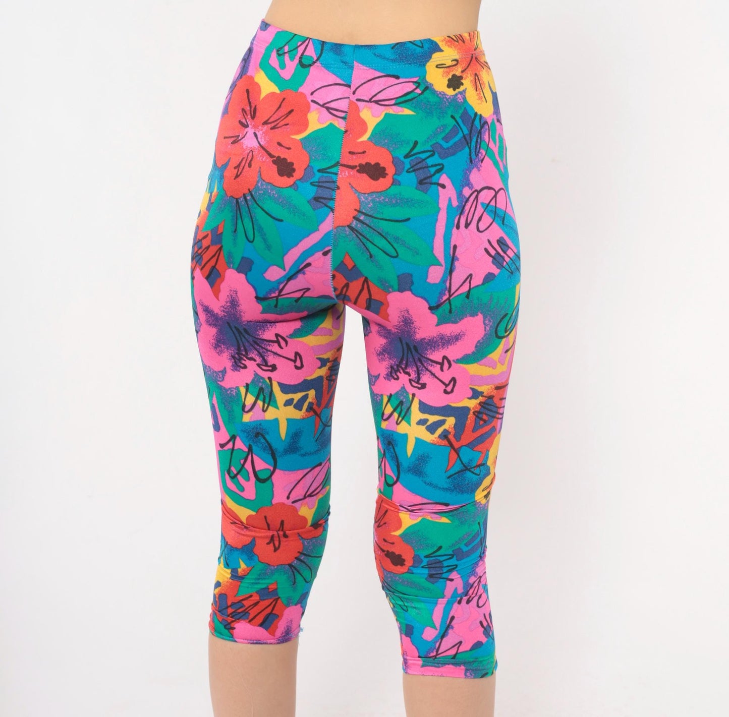 90s Stevi Tropical Floral Capri Leggings Pink Teal Hibiscus High Waist Extra Small XS