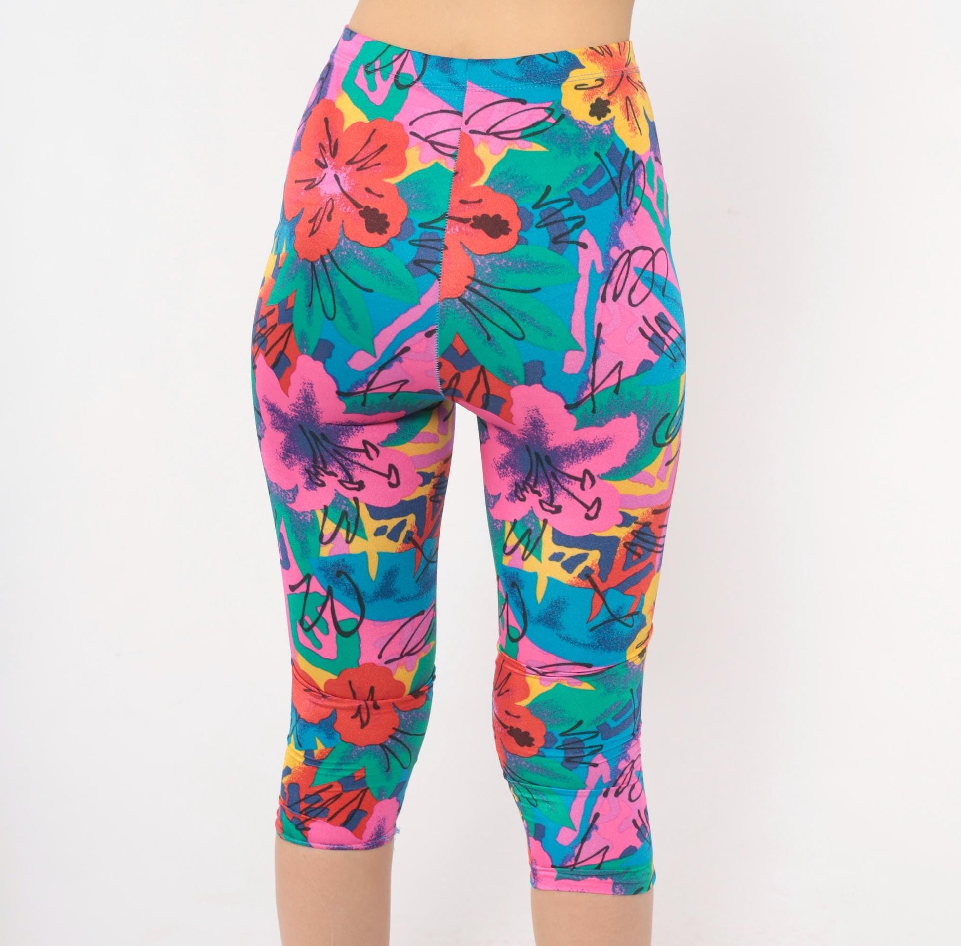 90s Stevi Tropical Floral Capri Leggings Pink Teal Hibiscus High Waist Extra Small XS
