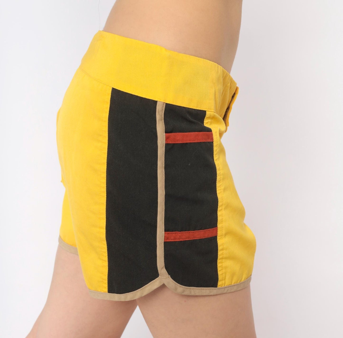 70s Golden Wave Board Shorts Yellow Black Colour Block Cotton Large L