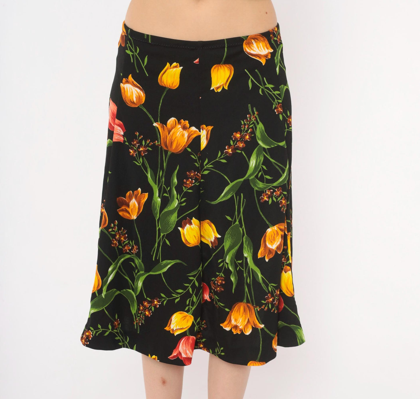 90s St Charmond Tulip Floral A-Line Skirt Black Orange Yellow Medium Large