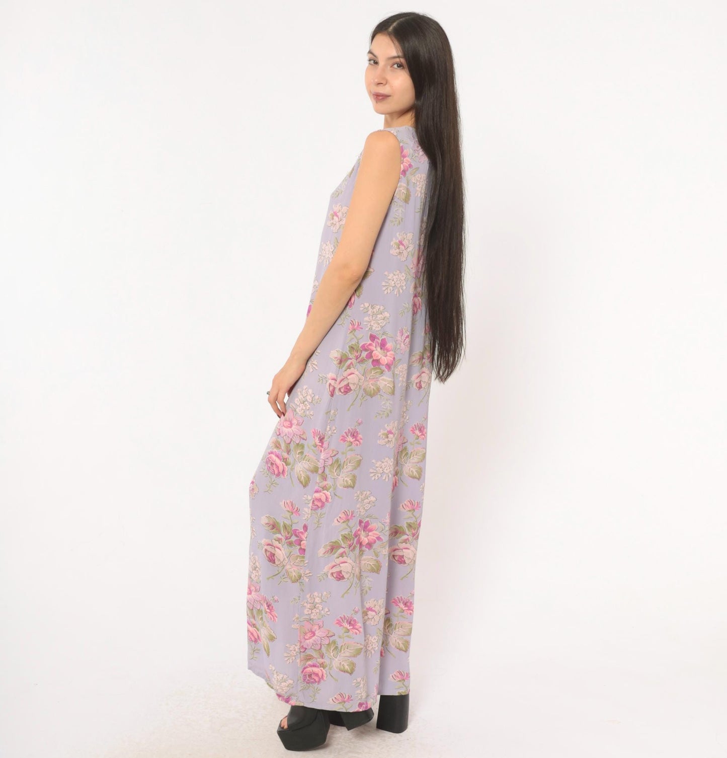 90s April Cornell Lavender Floral Maxi Dress Sequin Lace Scoop Neck Large