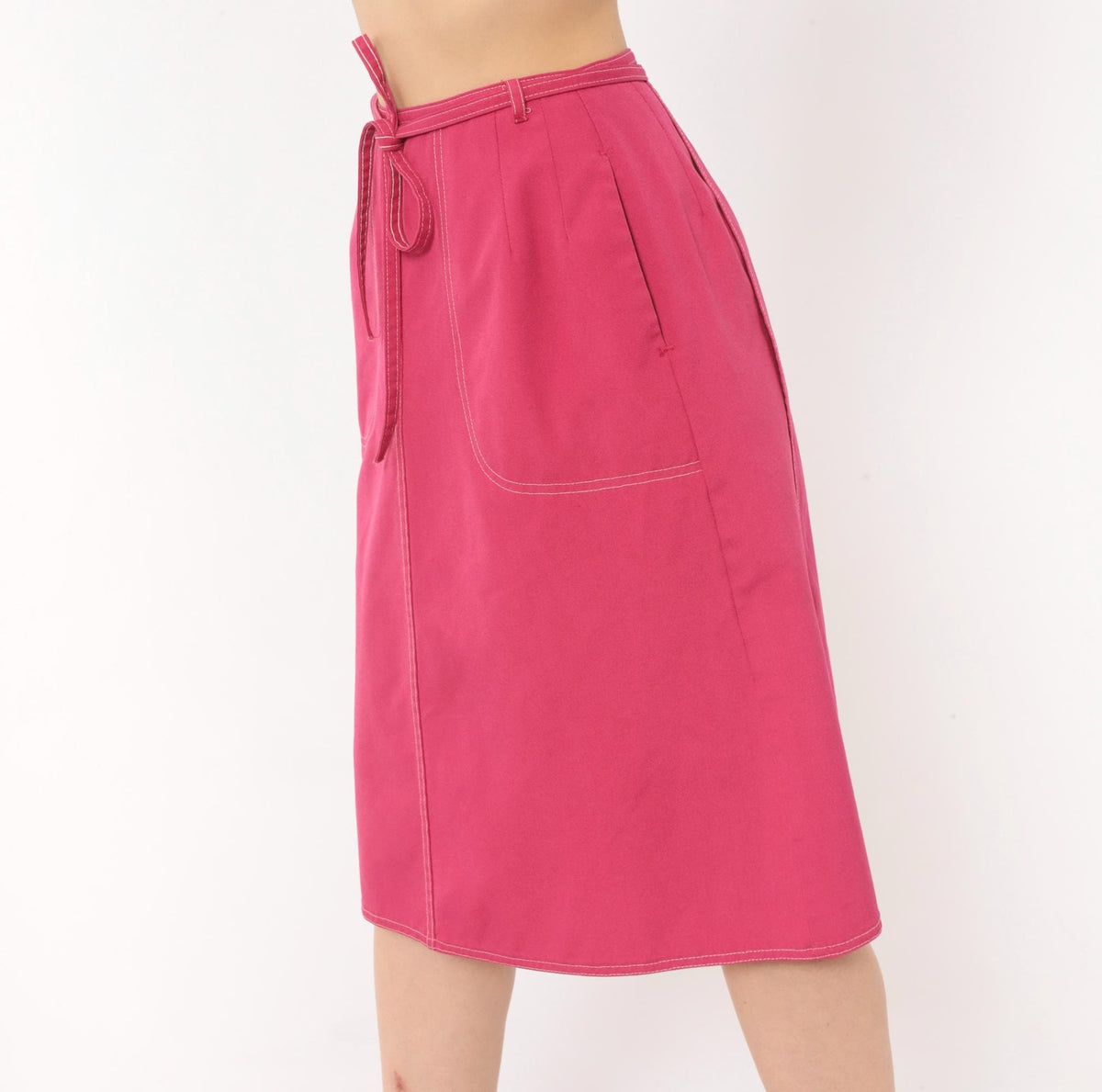 80s Koret Hot Pink A-Line Skirt Tie Waist Patch Pockets Small Medium