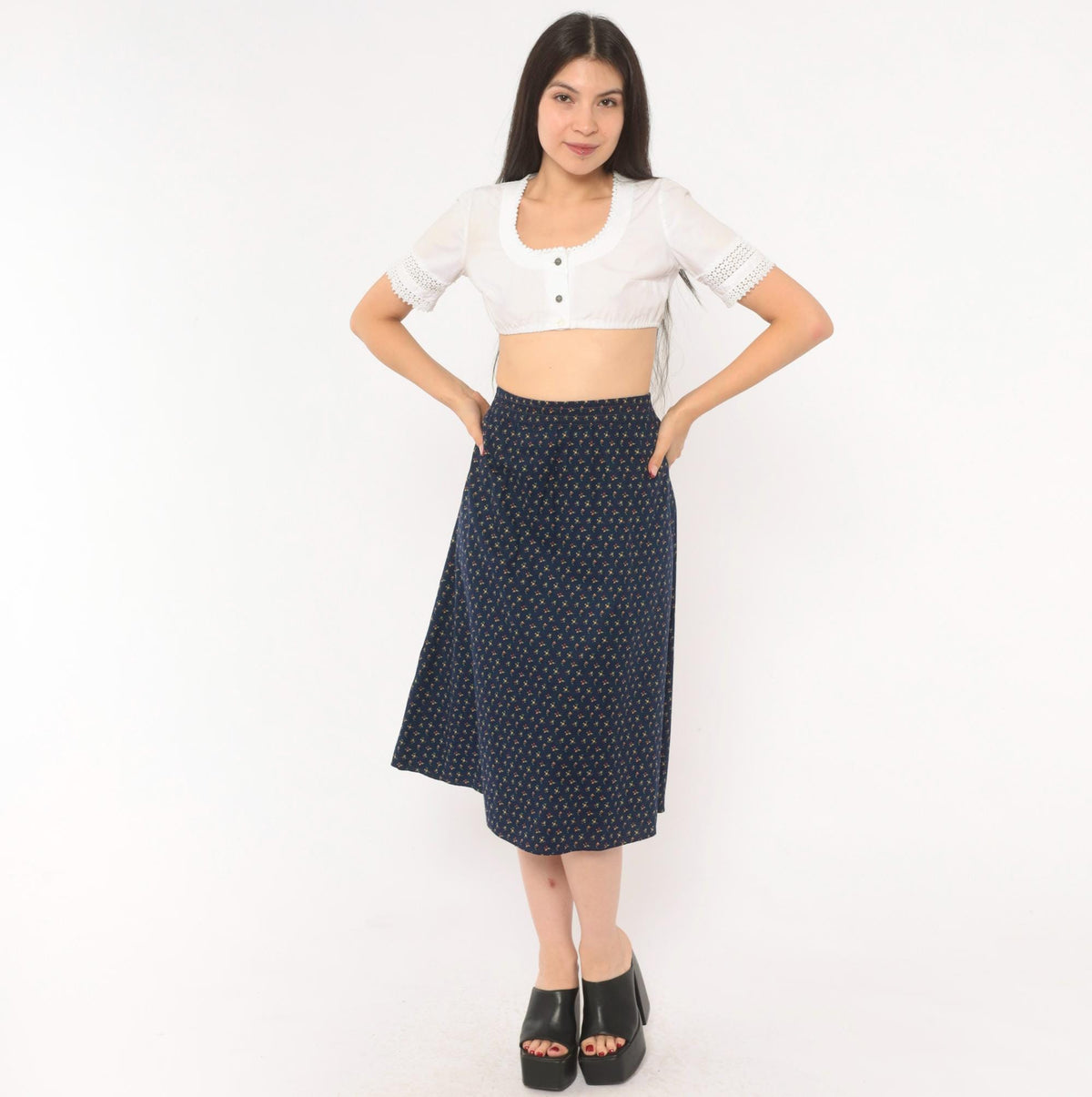70s Faa 1st American Apparel Floral A-Line Skirt Navy Cotton Knee Length Large