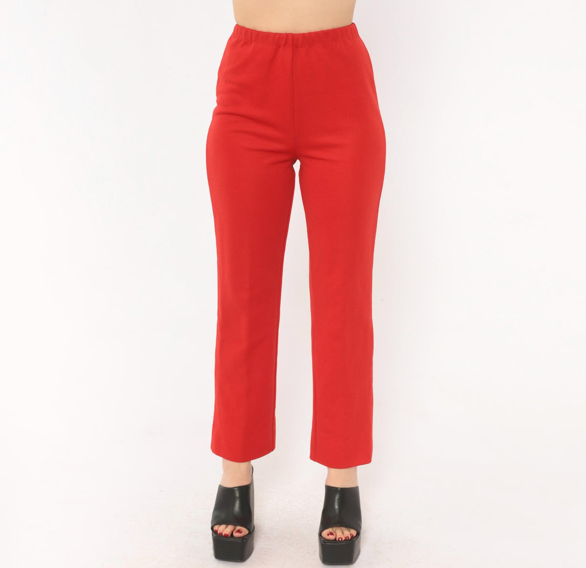70s Red High Rise Straight Leg Pants Elastic Waist Pull On Trousers Extra Small XS