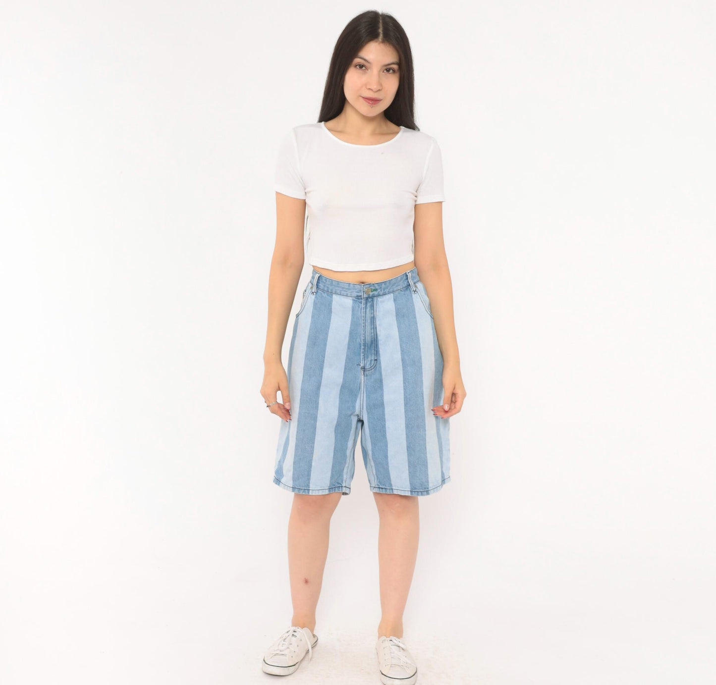 00s Tommy Hilfiger Striped Denim Bermuda Shorts Light Blue High Rise Large L