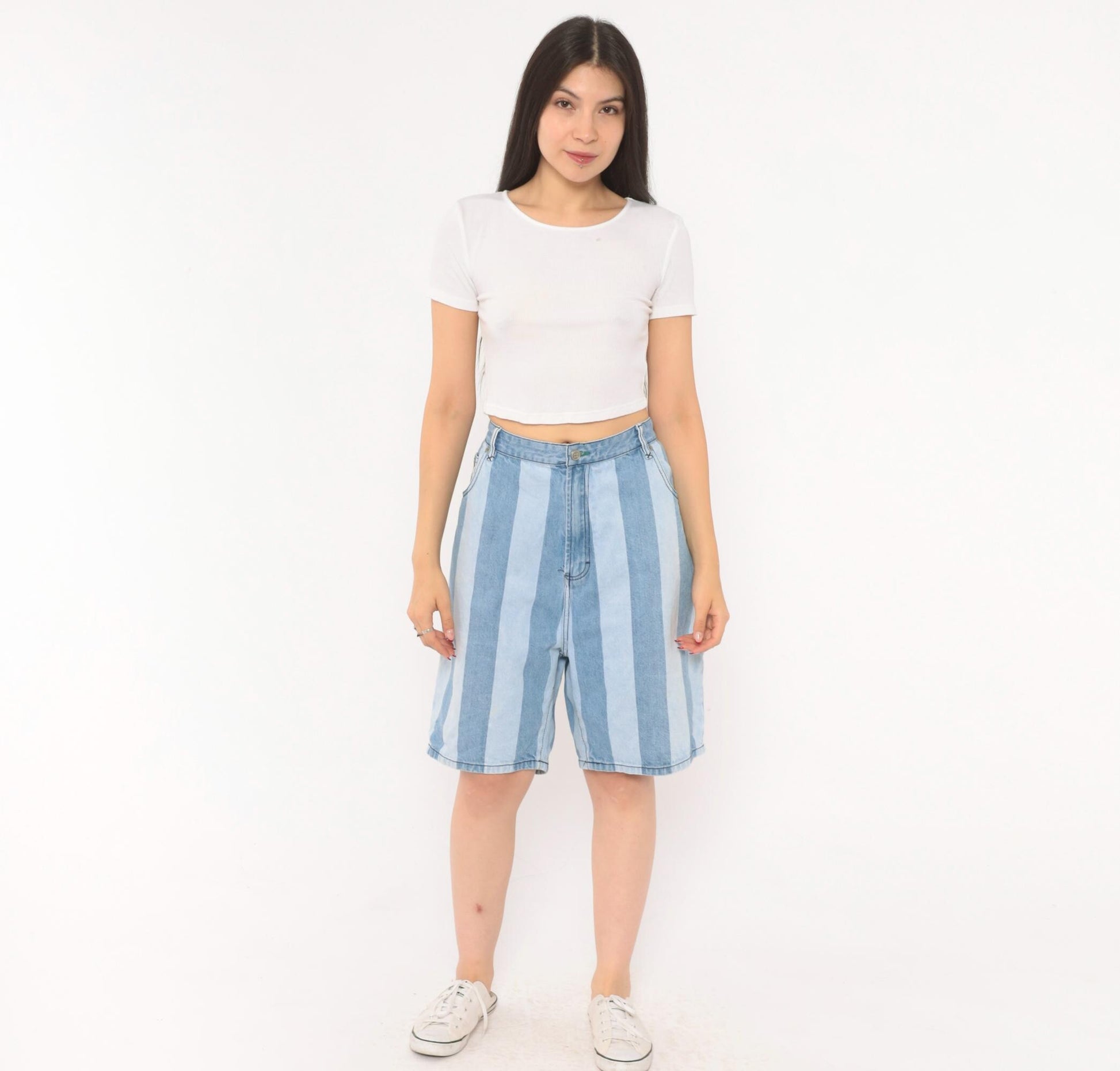 00s Tommy Hilfiger Striped Denim Bermuda Shorts Light Blue High Rise Large L