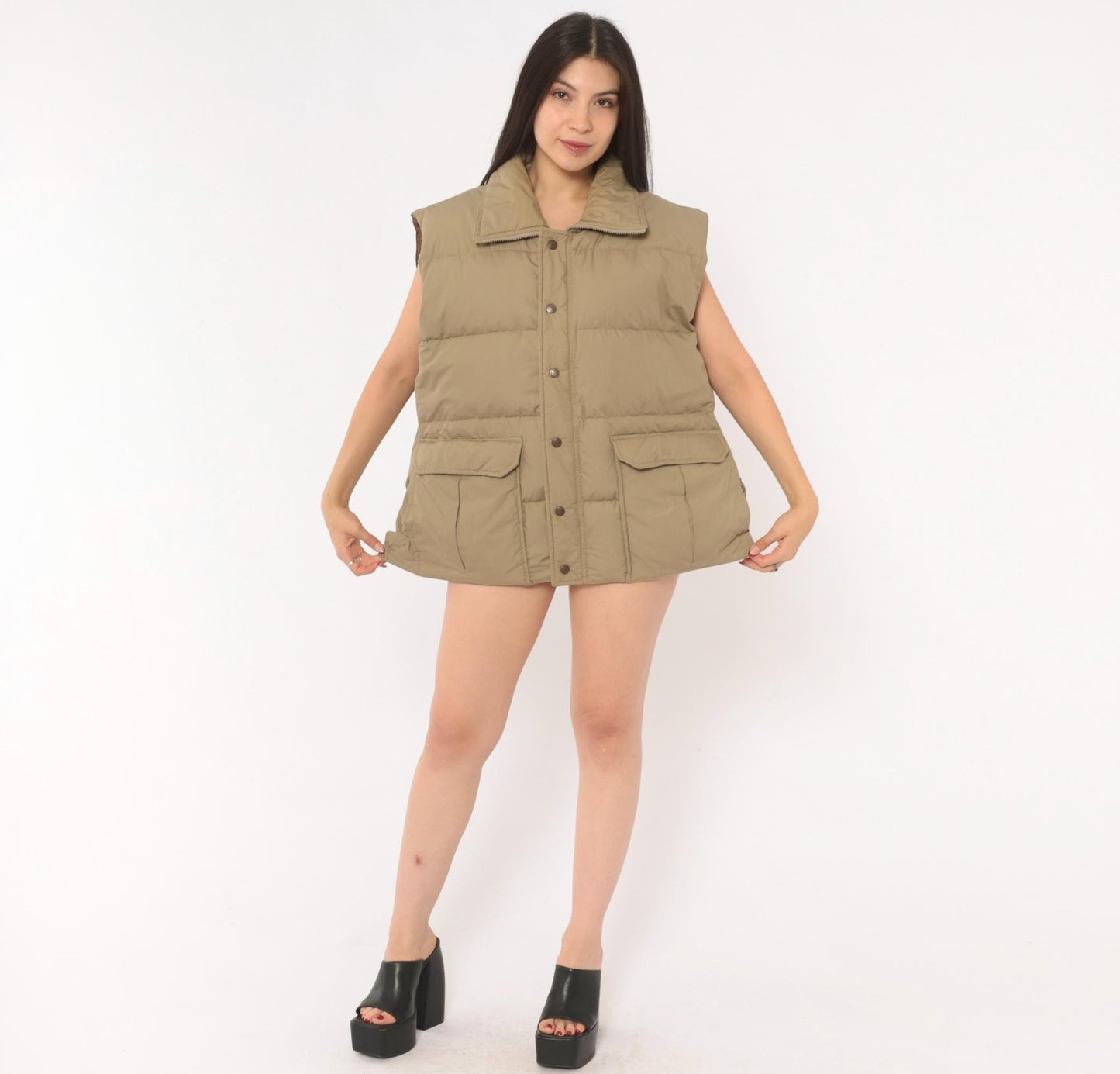 80s Tan Puffer Vest Sears Snap Front Quilted Down Gilet Plus Size XXL