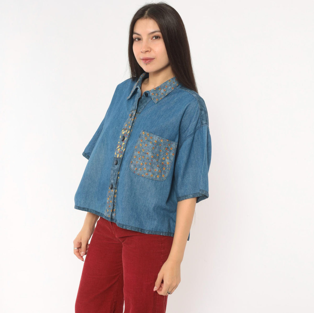 90s St. Jeanne Denim Shirt Patchwork Print Button Front Cotton Extra Large XL