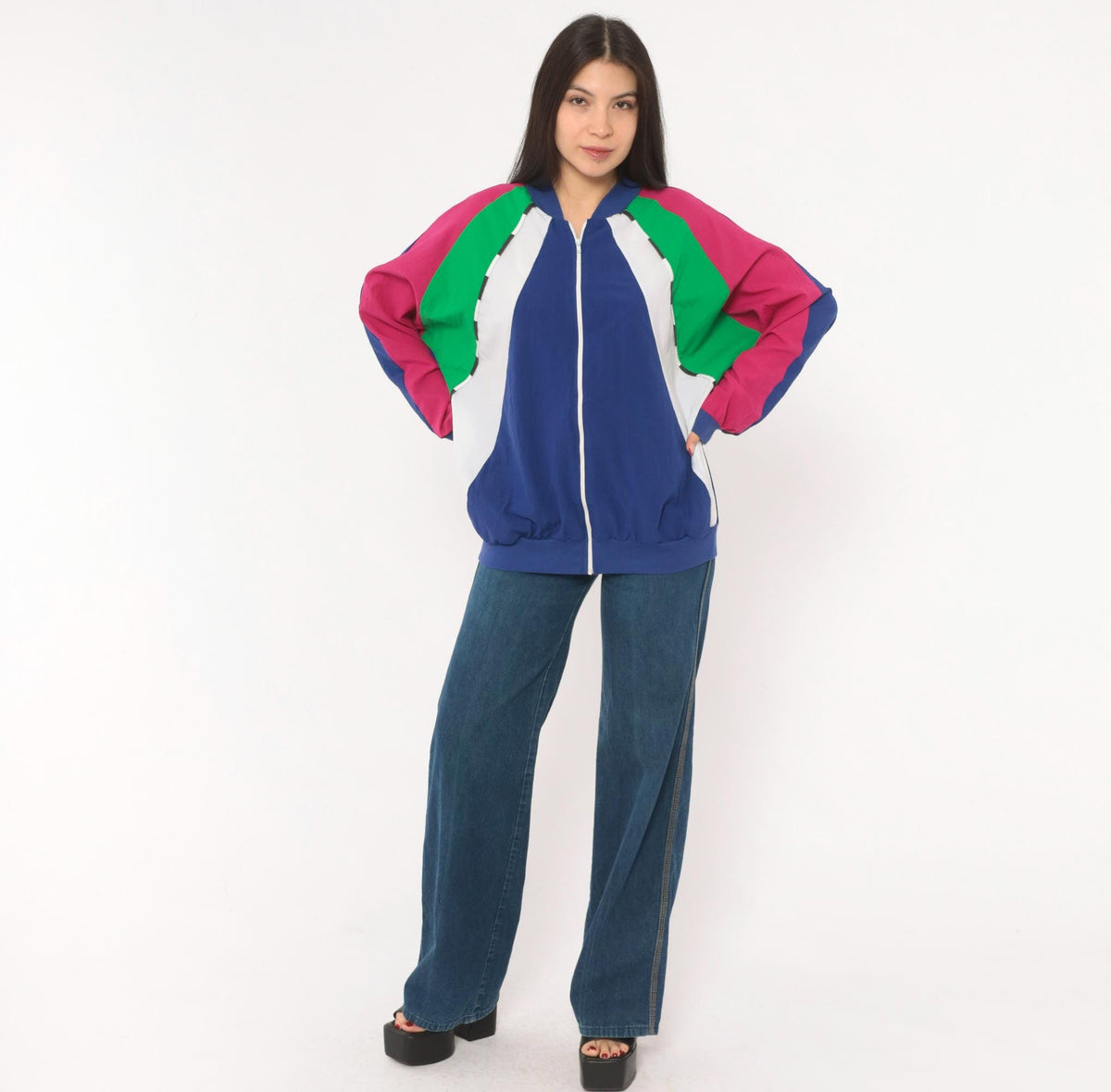 80s Susan Christopher Color Block Windbreaker Navy Magenta Medium M