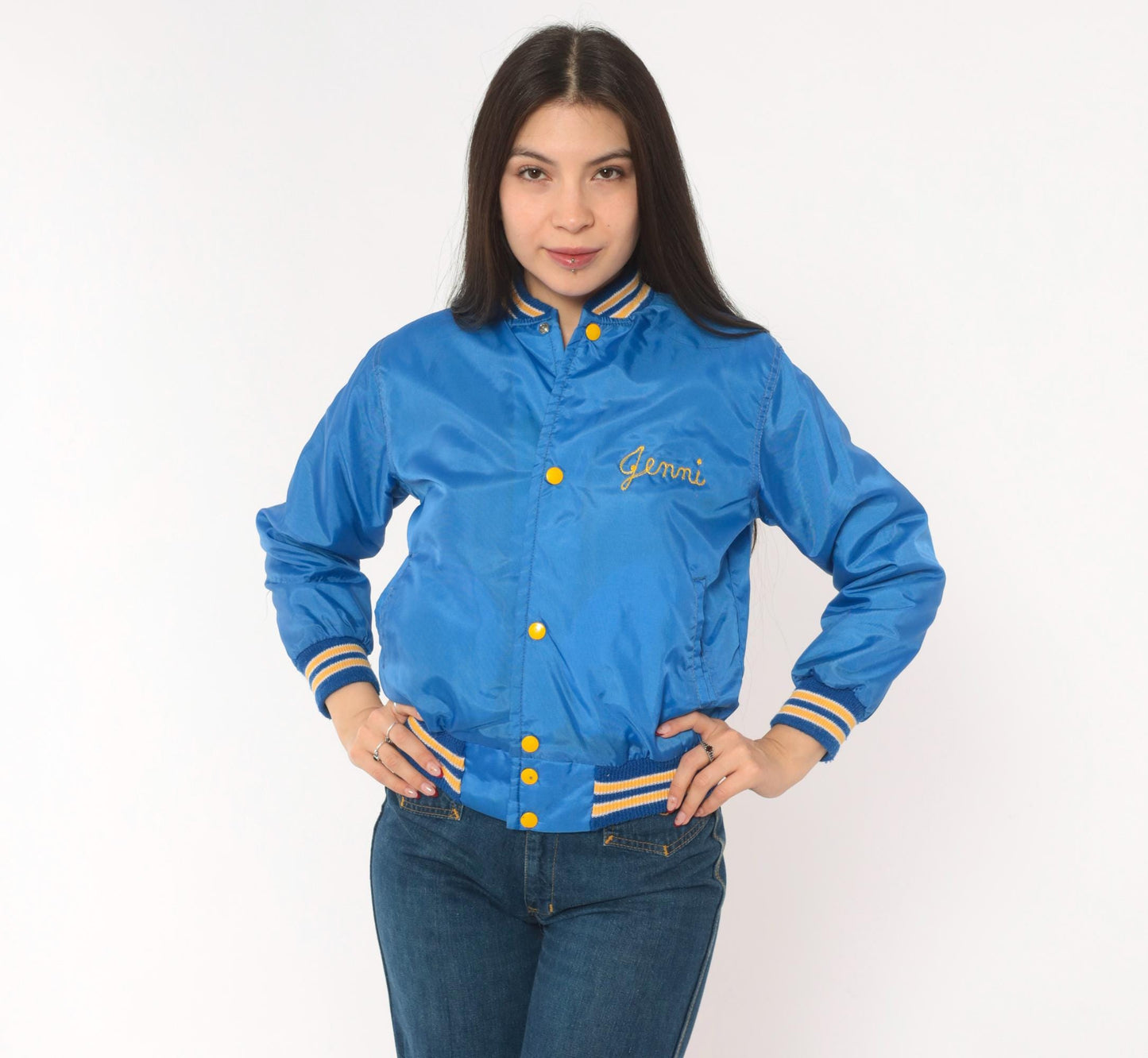 80s West Wind Royal Blue Satin Bomber Jacket Hastings Embroidered Gold Lined XS