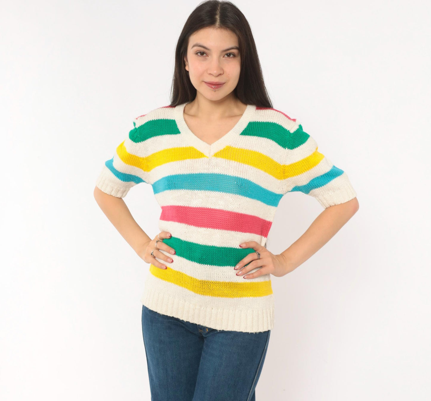 90s Brittania Rainbow Stripe V-Neck Knit Pullover Cream Cotton Medium M