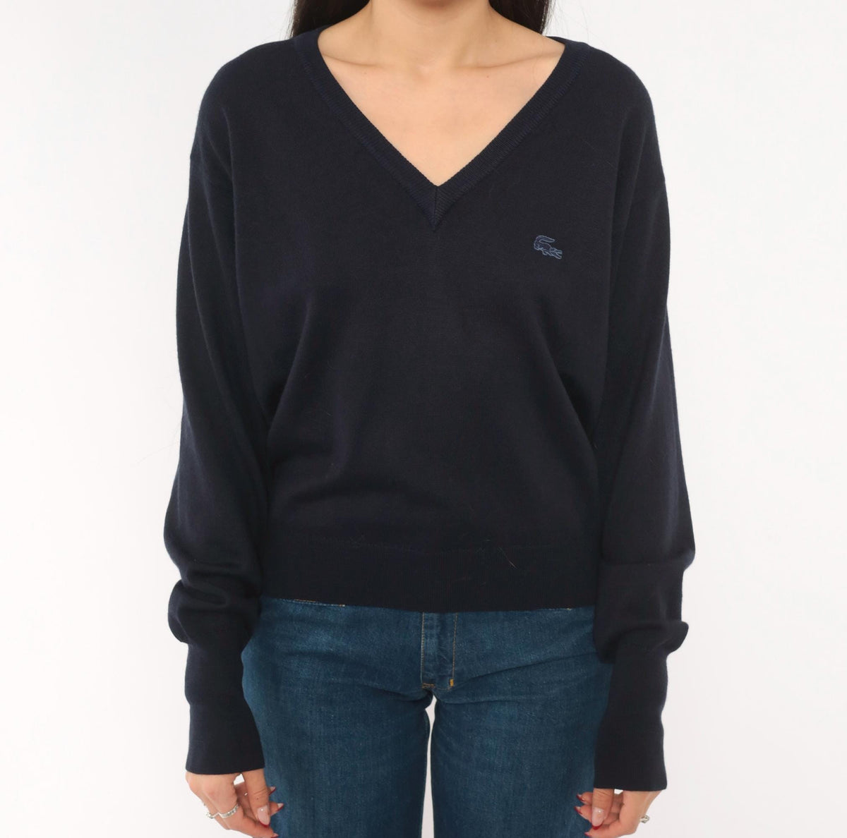 80s Izod Lacoste V-Neck Sweater Navy Wool Blend Raglan Pullover Small