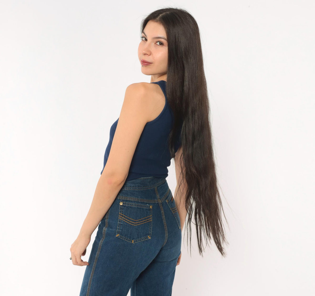 80s Navy Ribbed Tank Top Scoop Neckline Fitted Crop Cotton Extra Small XS