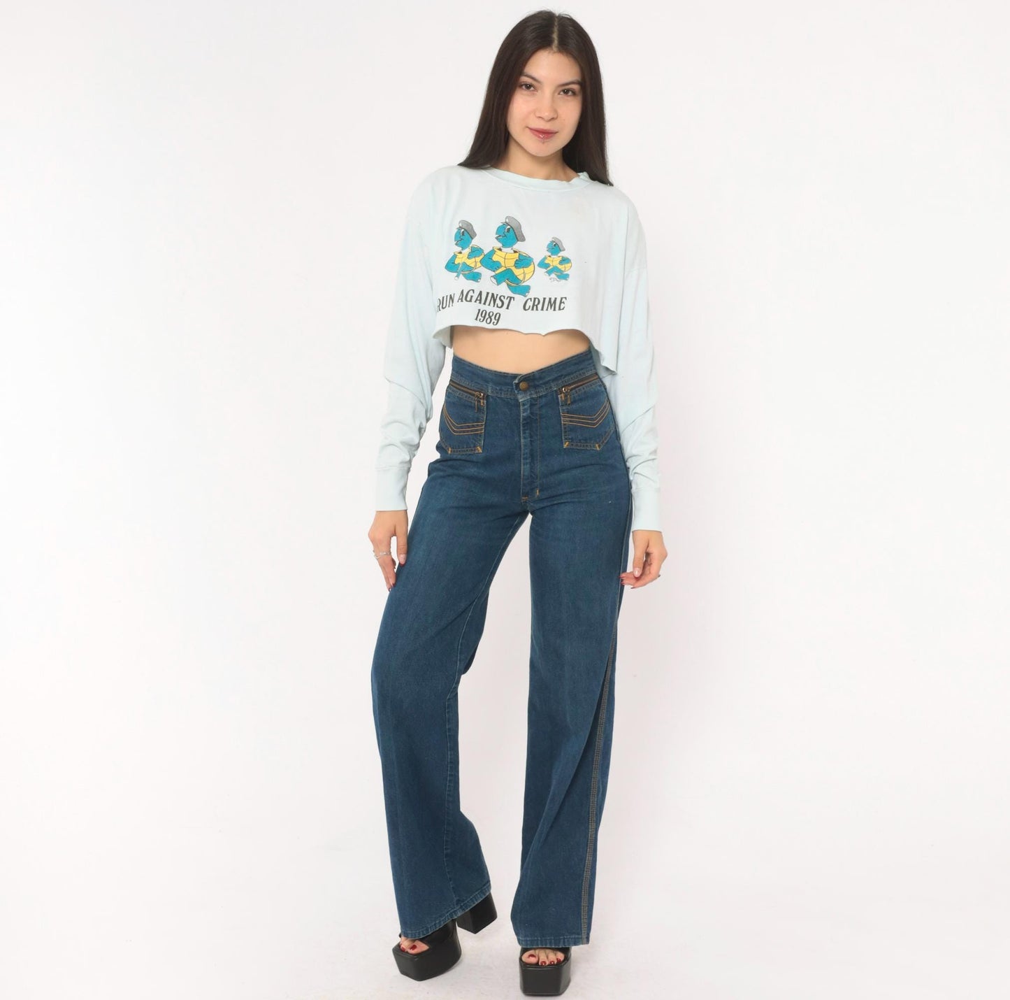 80s Run Against Crime 1989 Cartoon Turtle Police Crop Top Baby Blue Medium