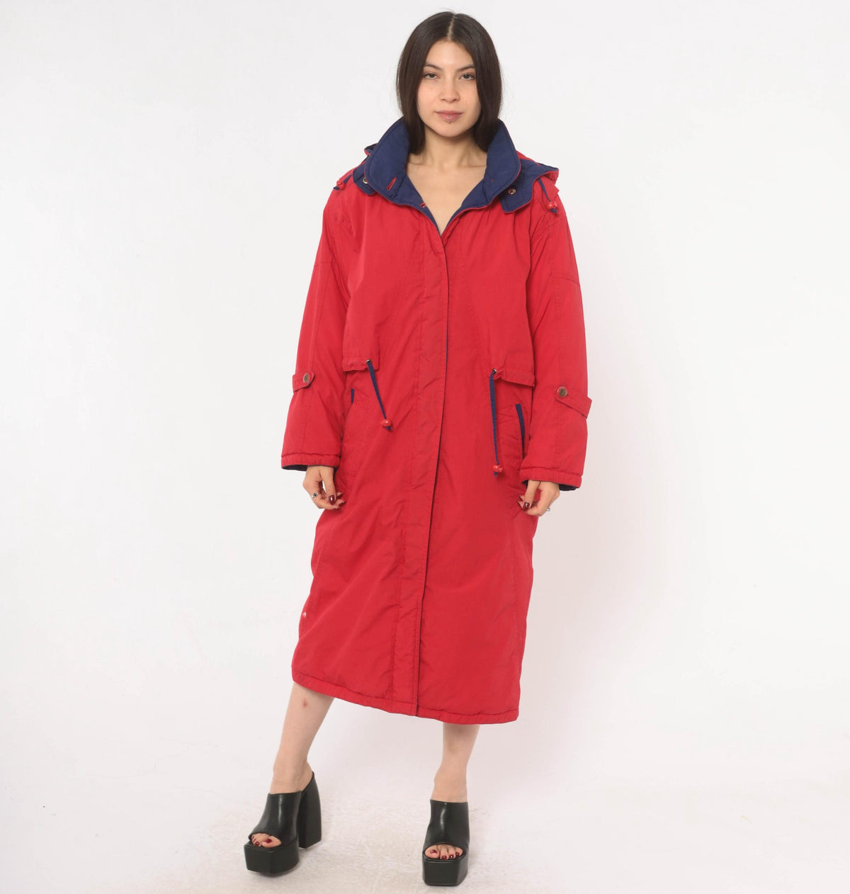 80s Red Duck Down Parka Long Hooded Coat Navy Trim Small S