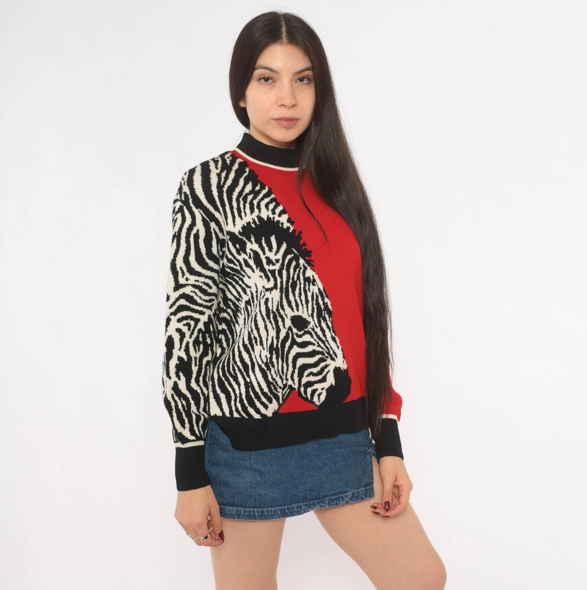 80s St. John Zebra Knit Pullover Red Black Color Block Wool Blend Medium M