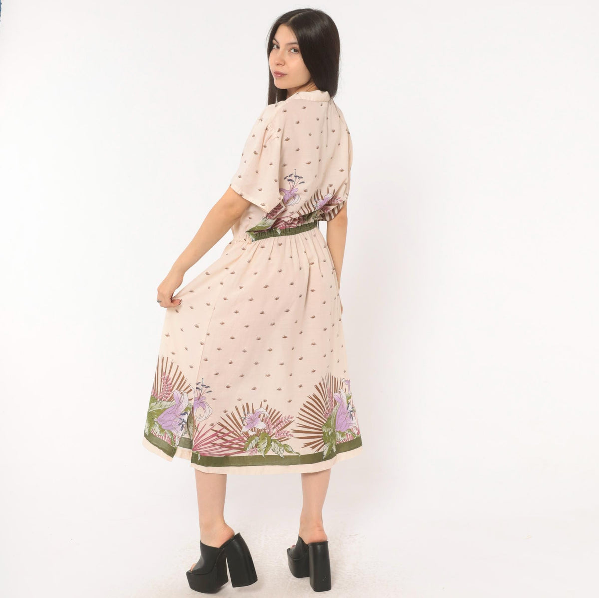 80s Jenny Wren Tropical Border Midi Dress Cotton Button Front Cream Extra Large