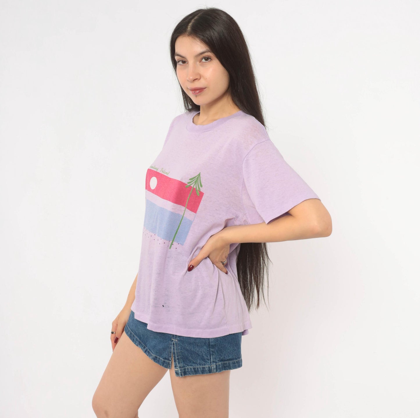 80s Hunting Island Graphic Tee Lilac Purple Sunset Beach Cotton Extra Large XL