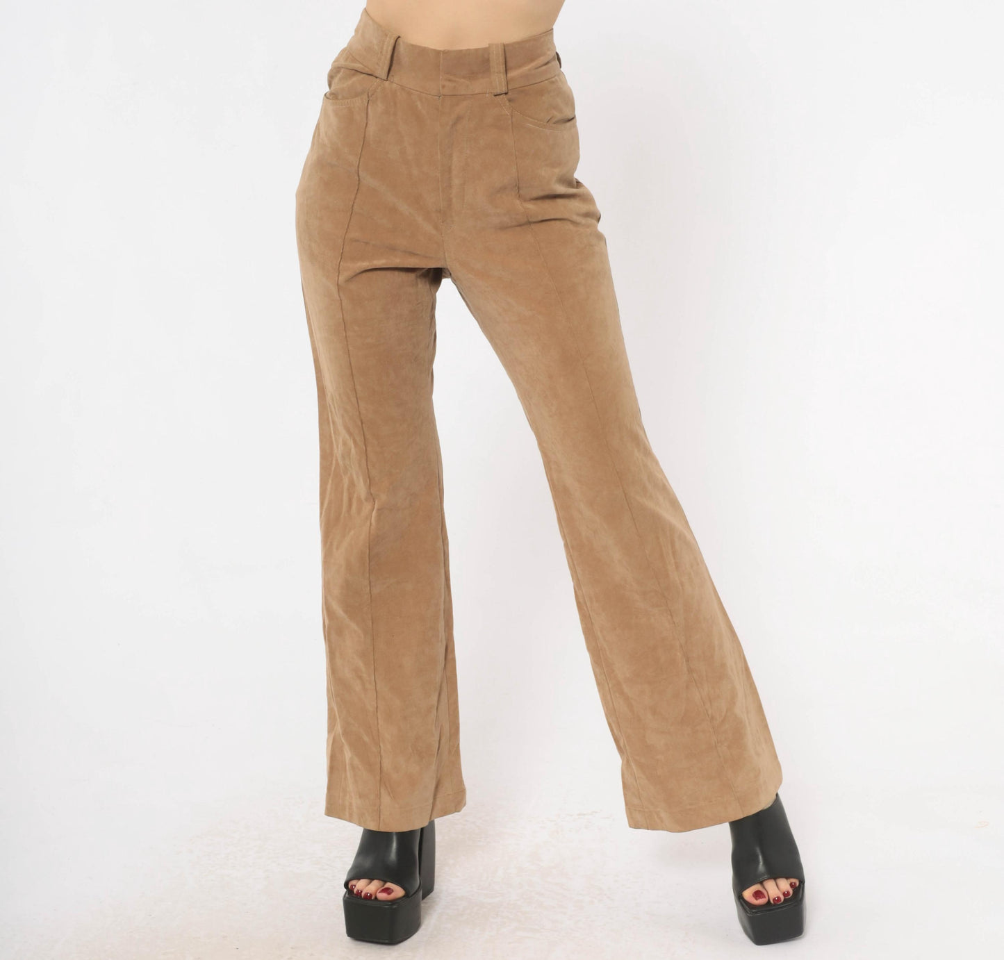 80s Lew Magram Faux Suede Flare Pants Tan High Waist Bell Bottom Small S