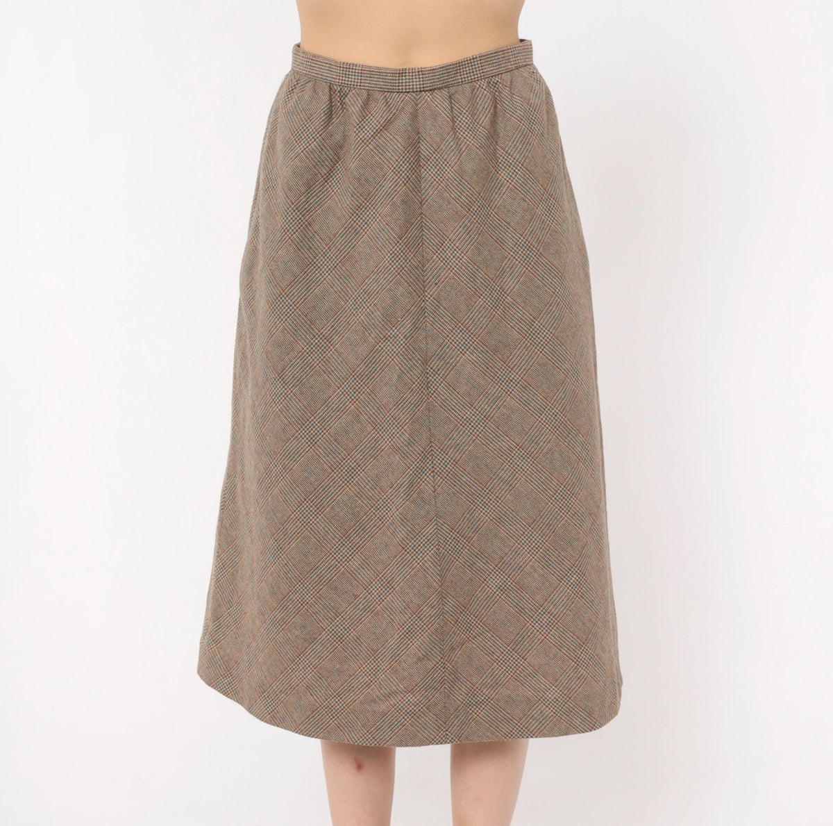 1970s Glen Plaid Wool A-Line Midi Skirt Brown Tan Check Extra Small XS