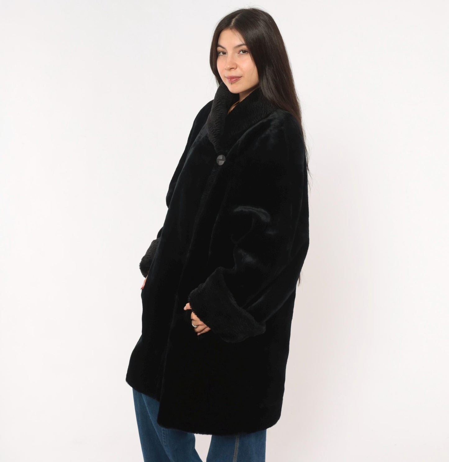 70s Gallery Black Faux Fur Coat Astrakhan Collar Knee-Length Extra Large XL