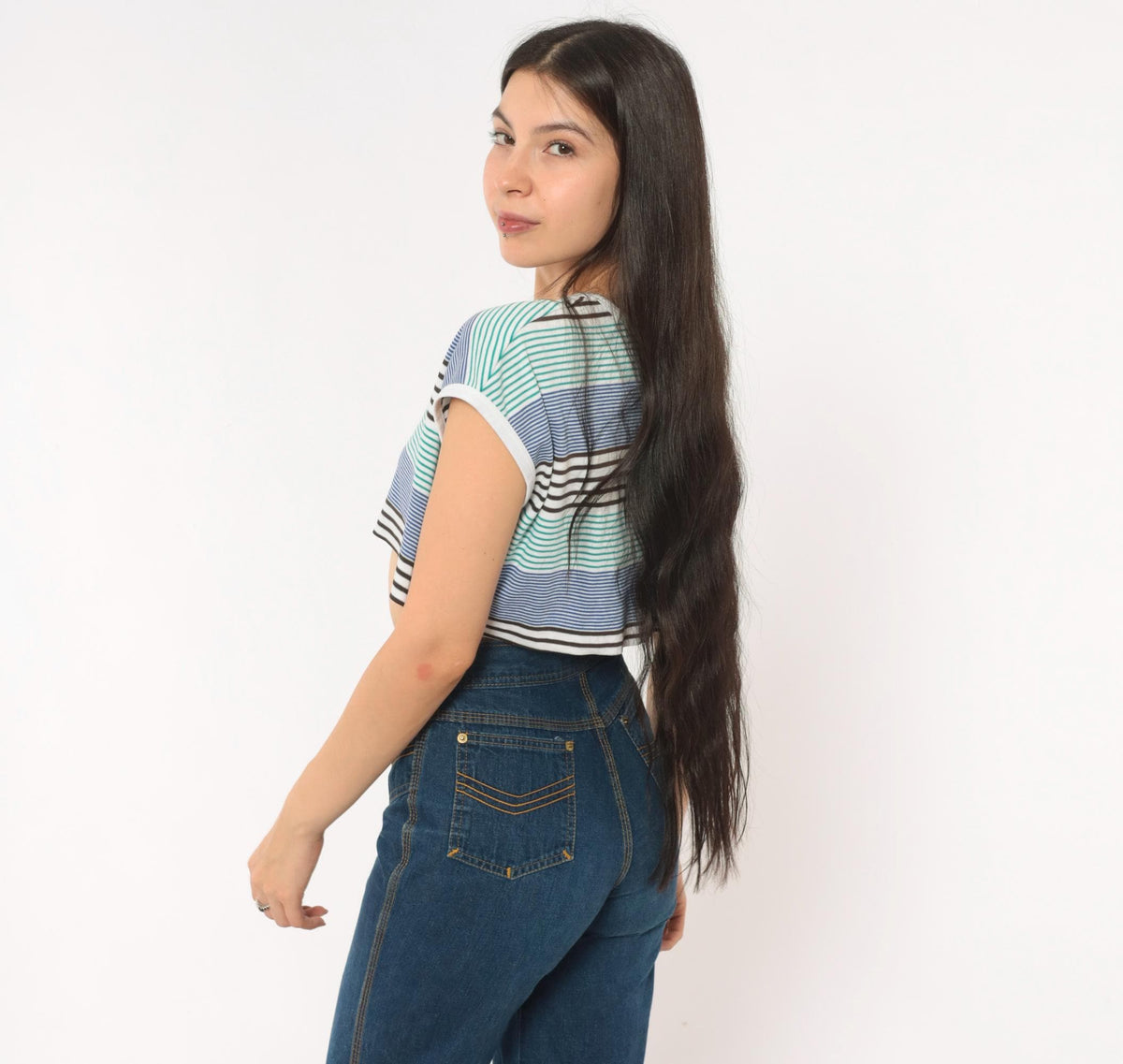 80s Lily's of Beverly Hills Striped Crop Top V-Neck Cap Sleeve Medium