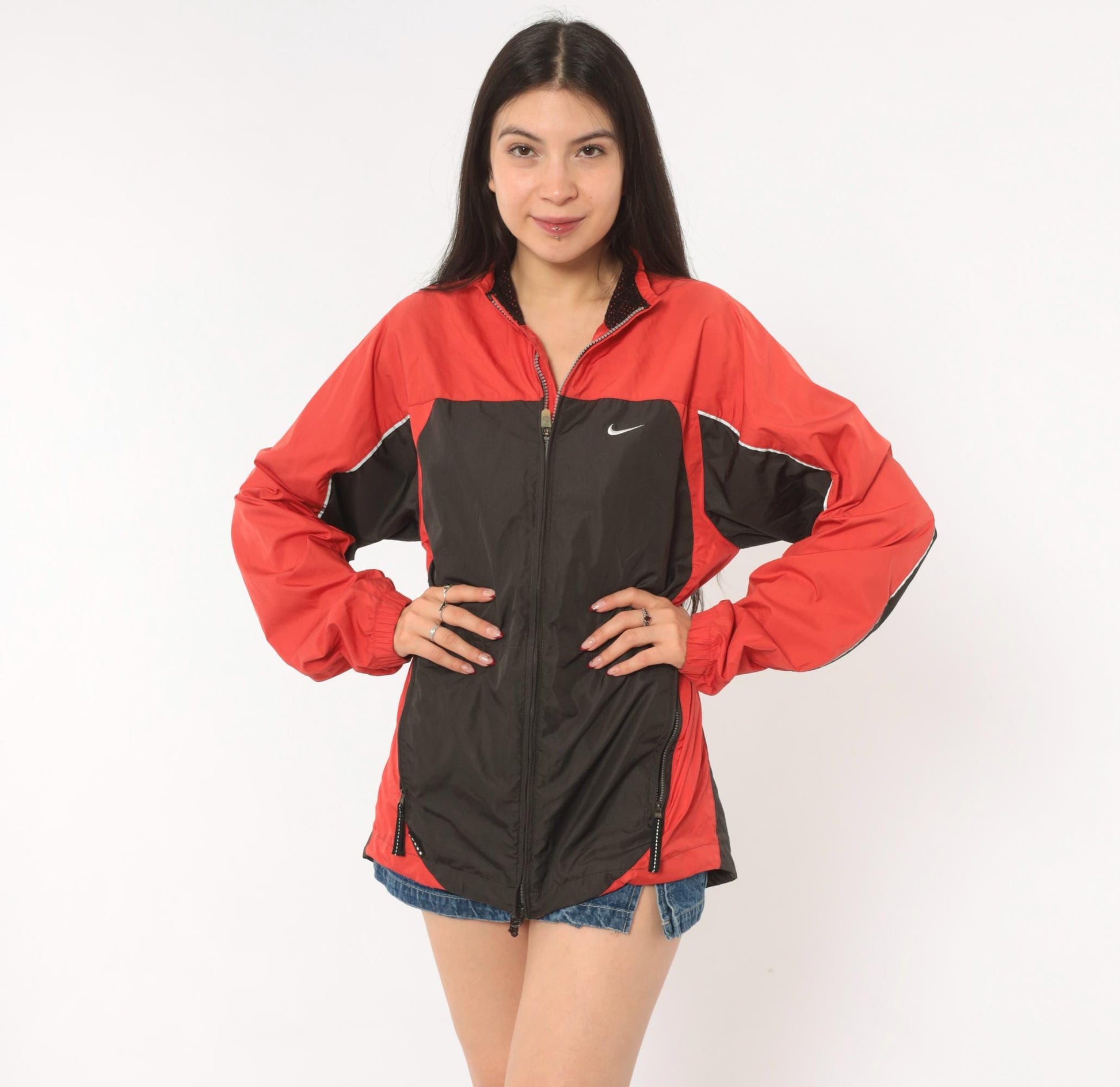 2000s Nike Windbreaker Red Black Color Block Raglan Small S