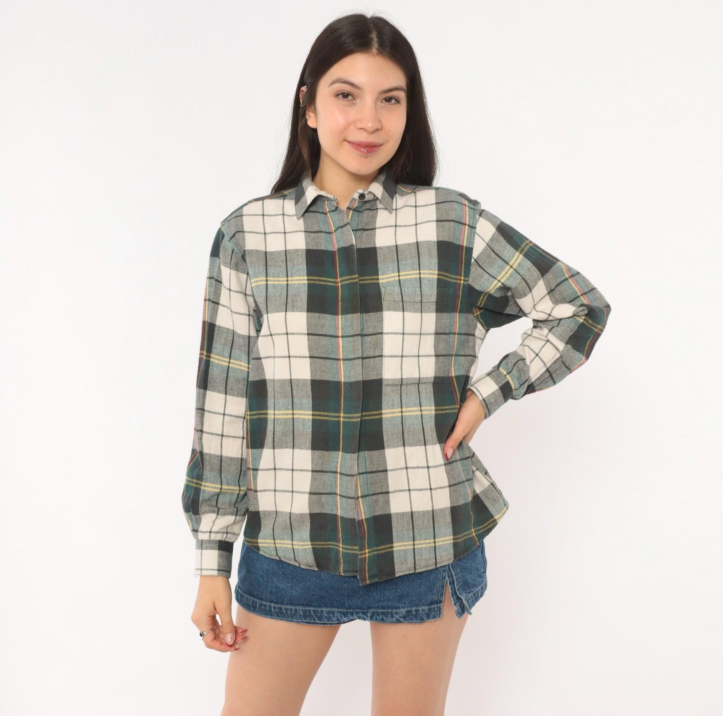 90s Diane Von Furstenberg Plaid Flannel Shirt Grey Green Cream Tartan Blouse