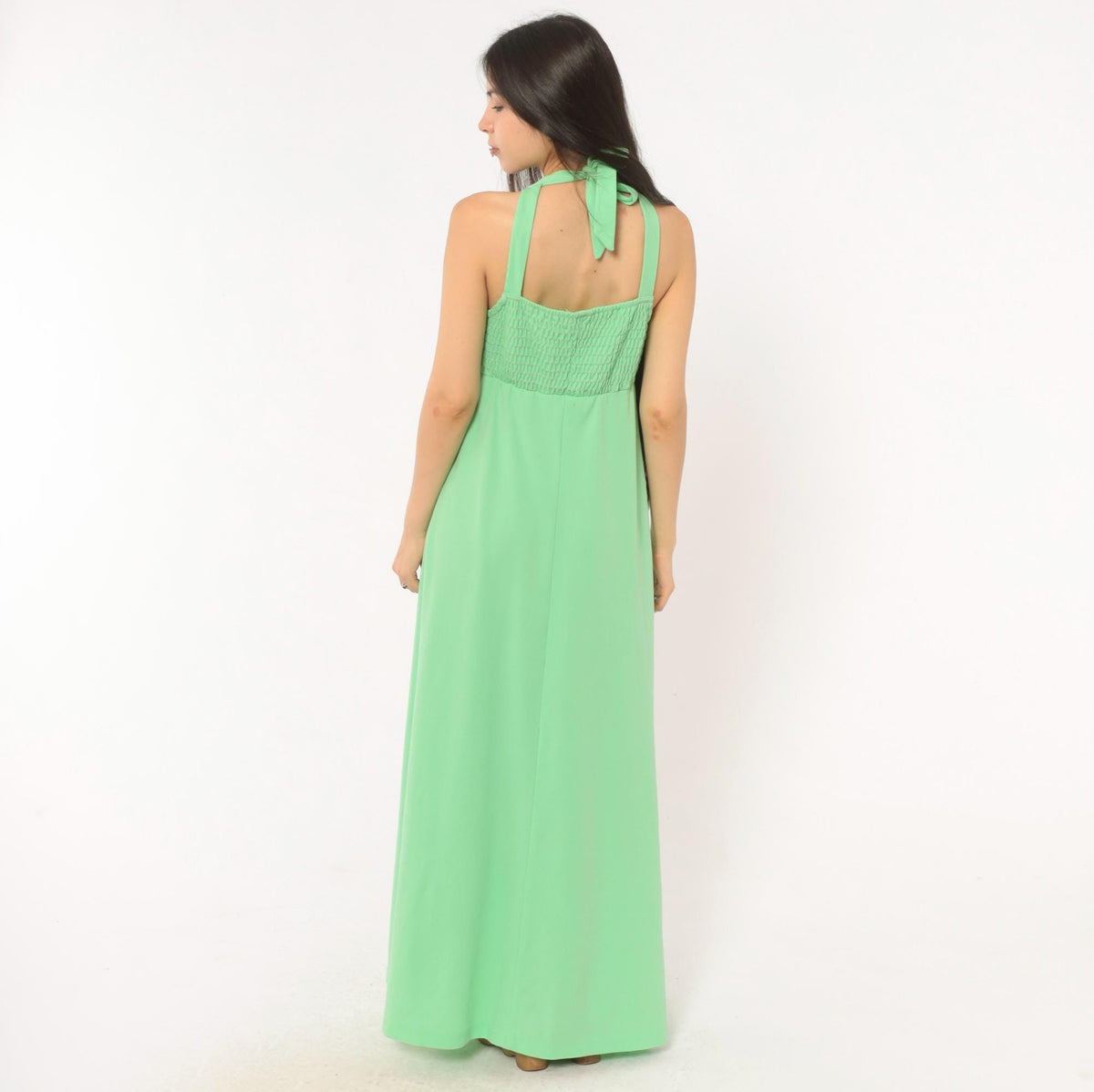 70s Mint Green Halter Maxi Dress Empire Waist Smocked Bodice Open Back Medium