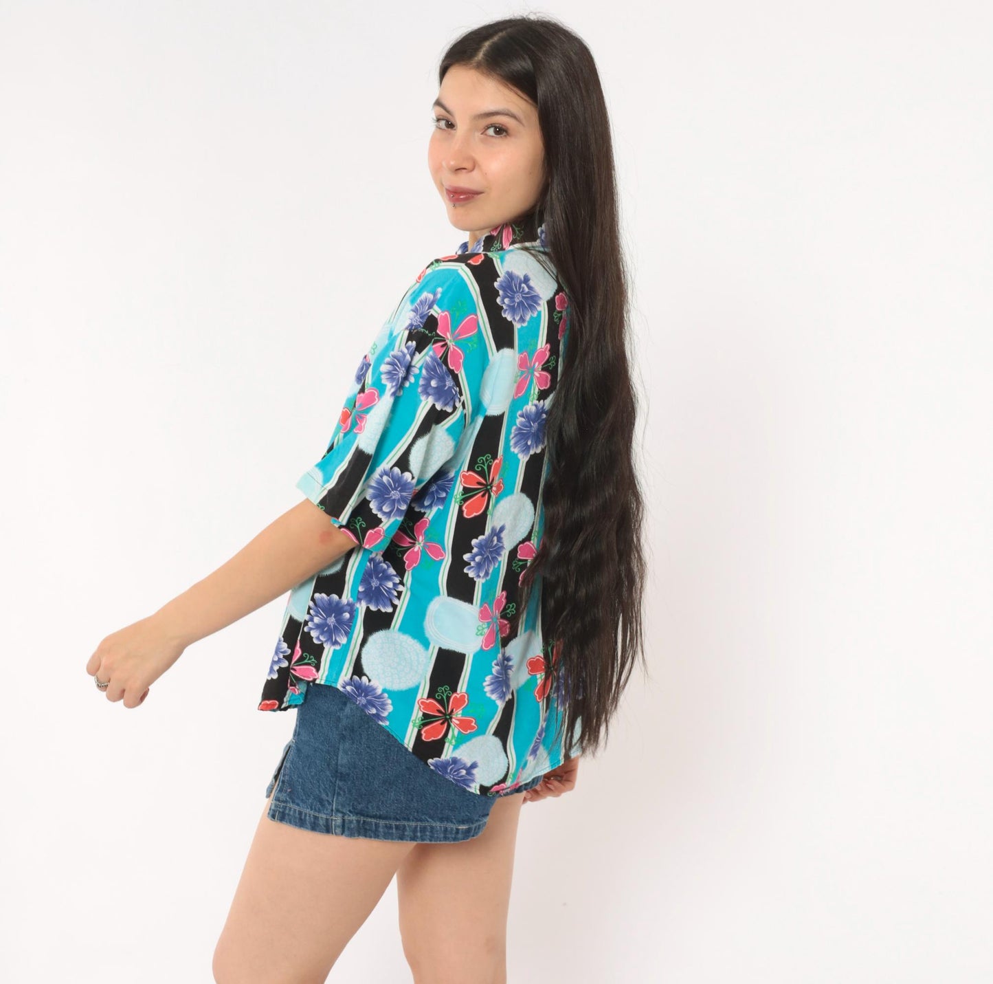 90s Justin Allen Chemise Floral Button Shirt Turquoise Chrysanthemum Medium M