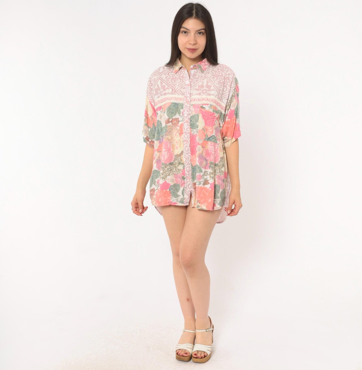 90s Hg Ny Floral Button Up Blouse Pink Cream Lace Trim Large L