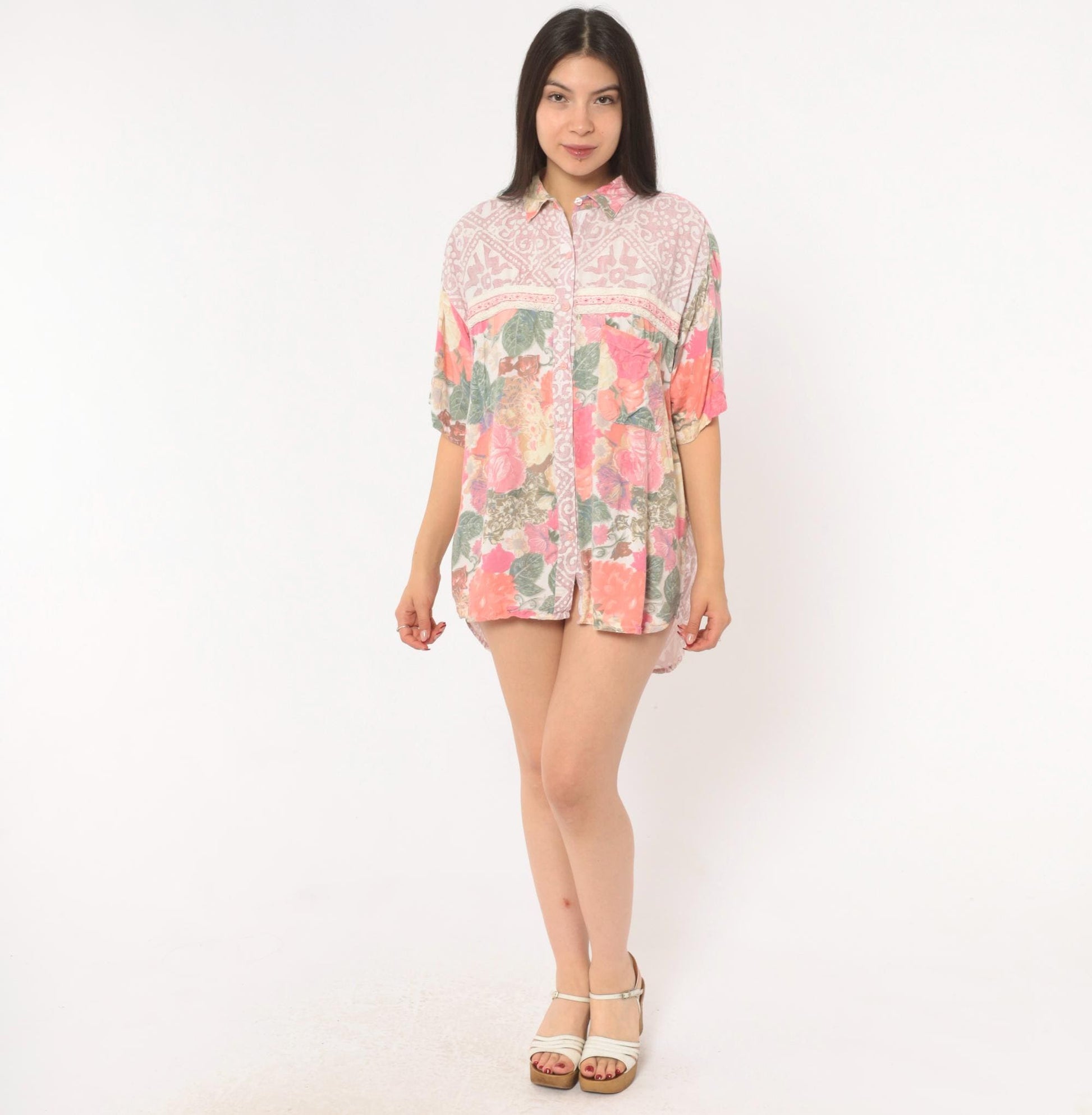 90s Hg Ny Floral Button Up Blouse Pink Cream Lace Trim Large L