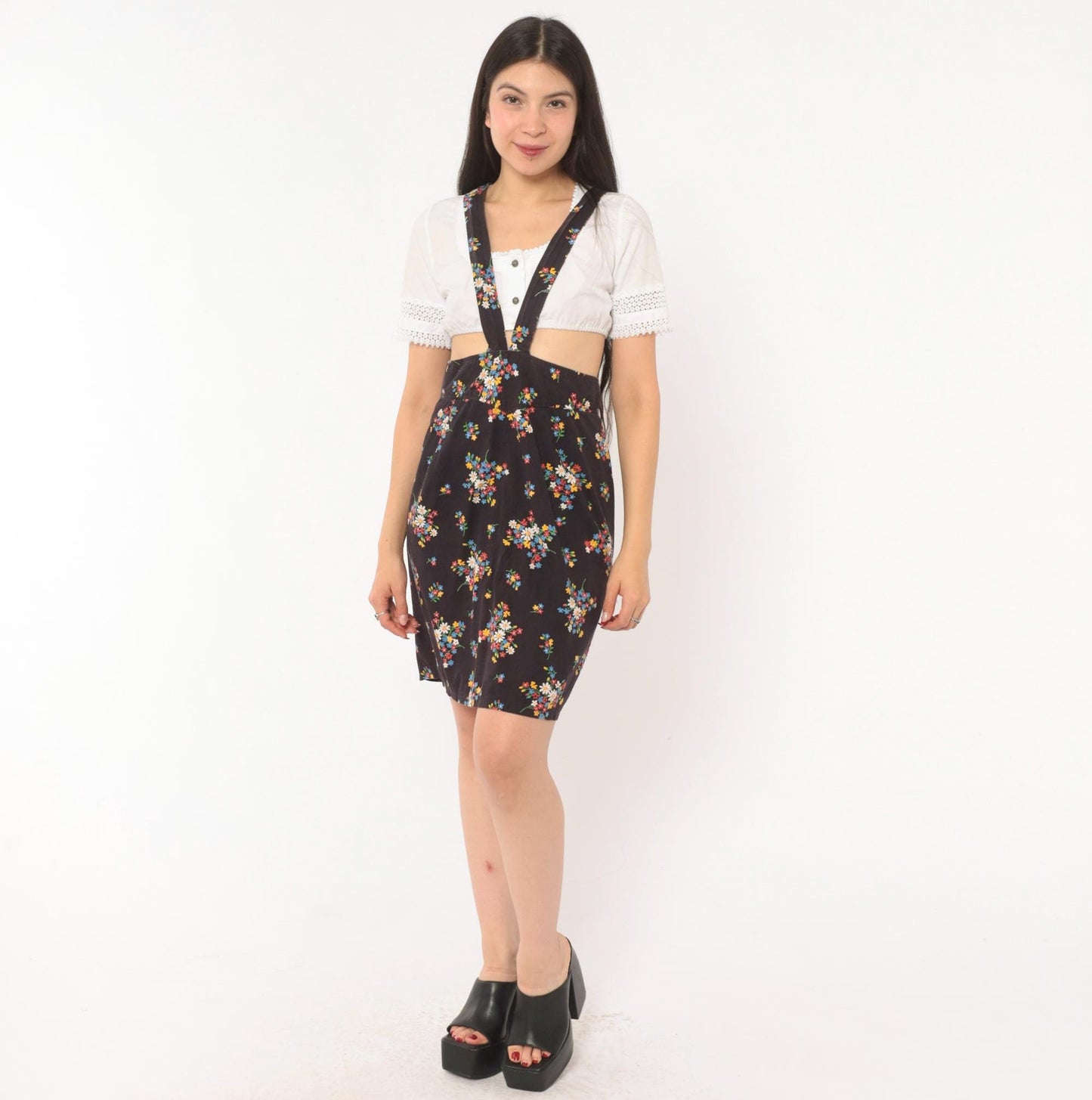 70s Black Floral Suspender Mini Dress Cotton Wildflower Print Small S